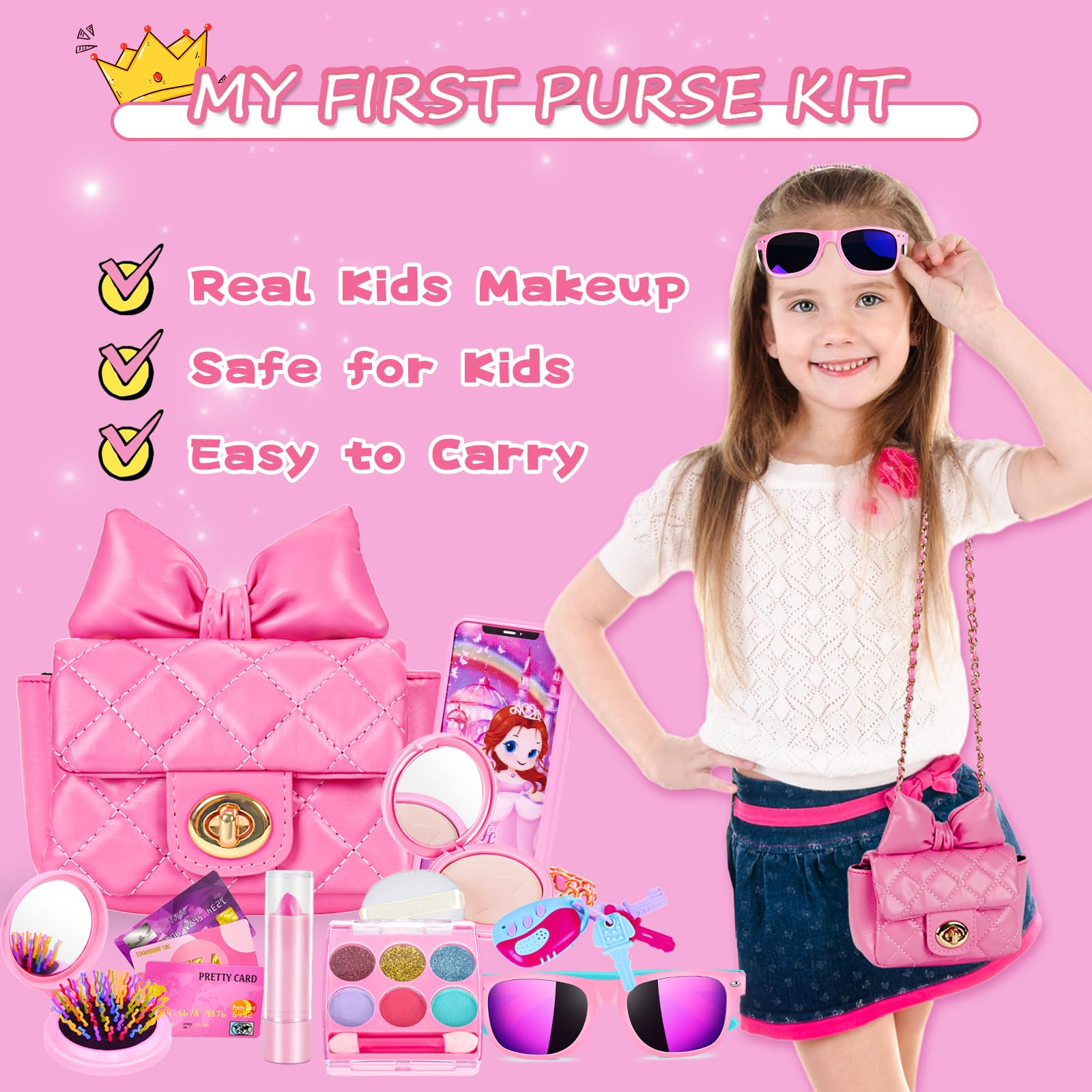 **Little Girl Purse with Kids Makeup Kit - My First Purse Set with Chain Bag, Pretend Play Toys for Toddlers - Princess Toys for Christmas & Birthday Gifts (Pink) - Perfect for Dress-Up, Role Play & Party Favors for Girls Ages 3-8**