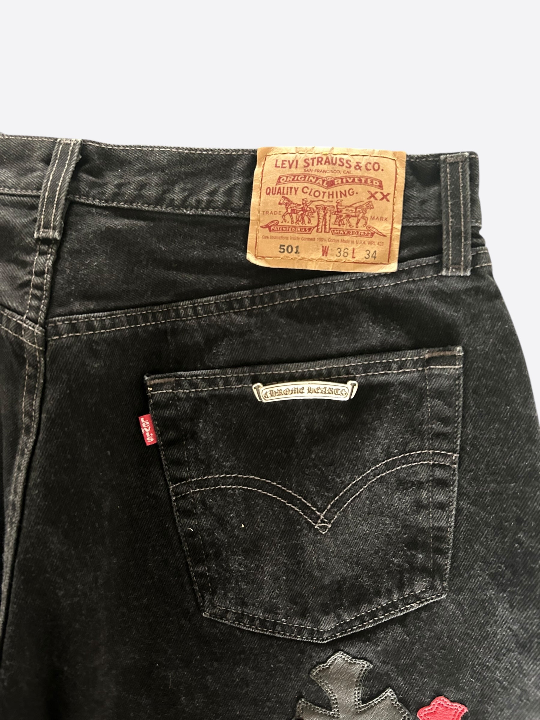 Chrome Hearts x Levi's Black White Red Cross Patch Distressed Denim Jeans for Men & Women - Stylish Vintage Streetwear for Casual Outfits & Night Out