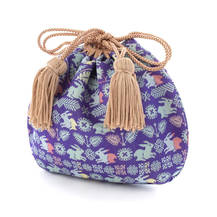Handmade Kyoto Nishijin Silk Drawstring Pouch - Floral Rabbit & Lapis Lazuli Design | Japanese Traditional Craft Purse for Jewelry, Gifts & Special Occasions