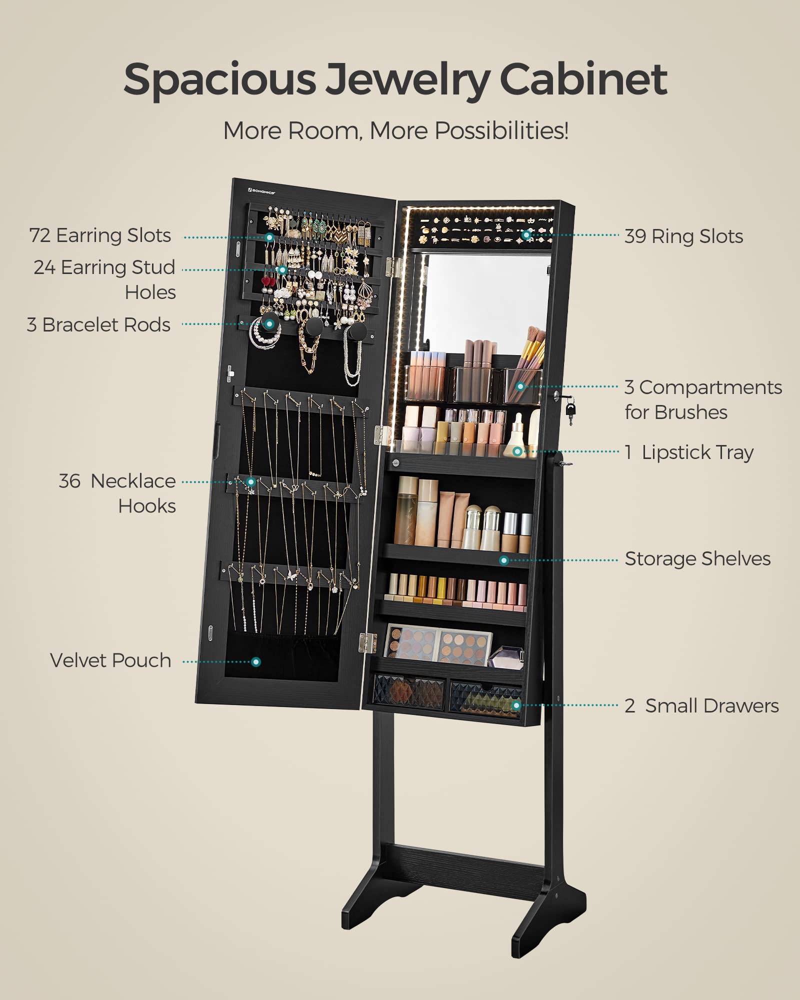 SONGMICS Full-Length LED Jewelry Cabinet with Mirror - Black Standing Armoire Organizer with 2 Drawers, Lockable Storage & Built-In Makeup Mirror | Perfect for Bedroom, Dressing Room & Closet Organization