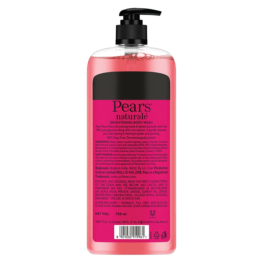 Pears Naturale Brightening Pomegranate Body Wash with Glycerin - Paraben Free, Soap Free, Eco-Friendly & Dermatologist Tested (750ml) - Hydrating & Gentle for Daily Shower & Sensitive Skin
