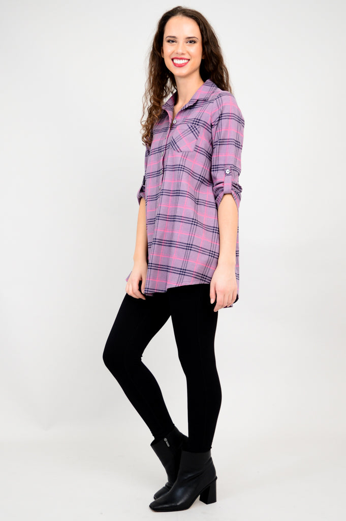 Celine Women's Cotton Flannel Tunic Top - Plum Plaid Print - Casual Long Sleeve Shirt for Fall & Winter Layering