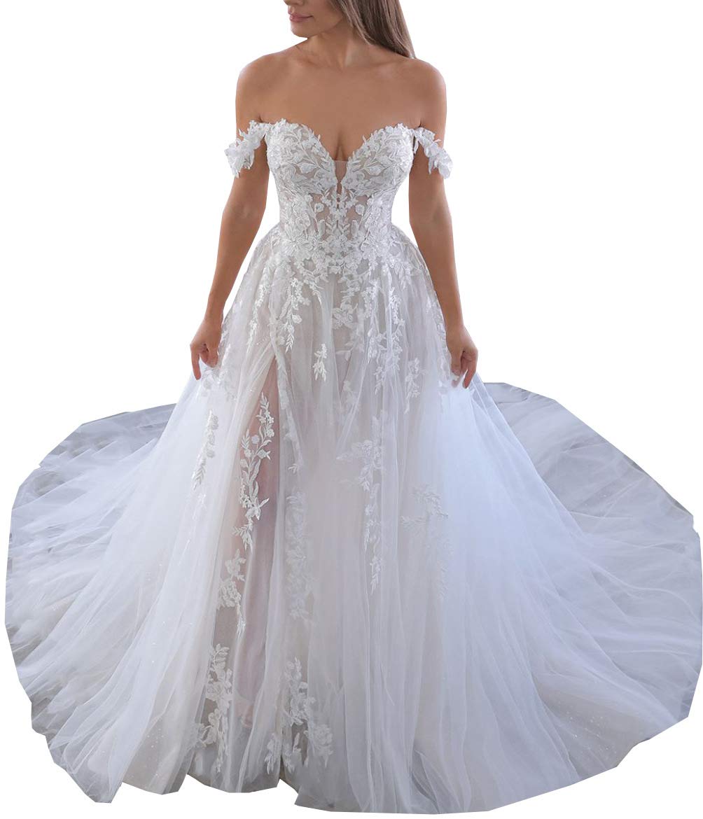 Elegant Lace Beach Wedding Dresses for Bride 2024 - Off Shoulder Tulle Appliqued Bridal Gowns | Perfect for Destination Weddings, Beach Ceremonies & Romantic Photoshoots