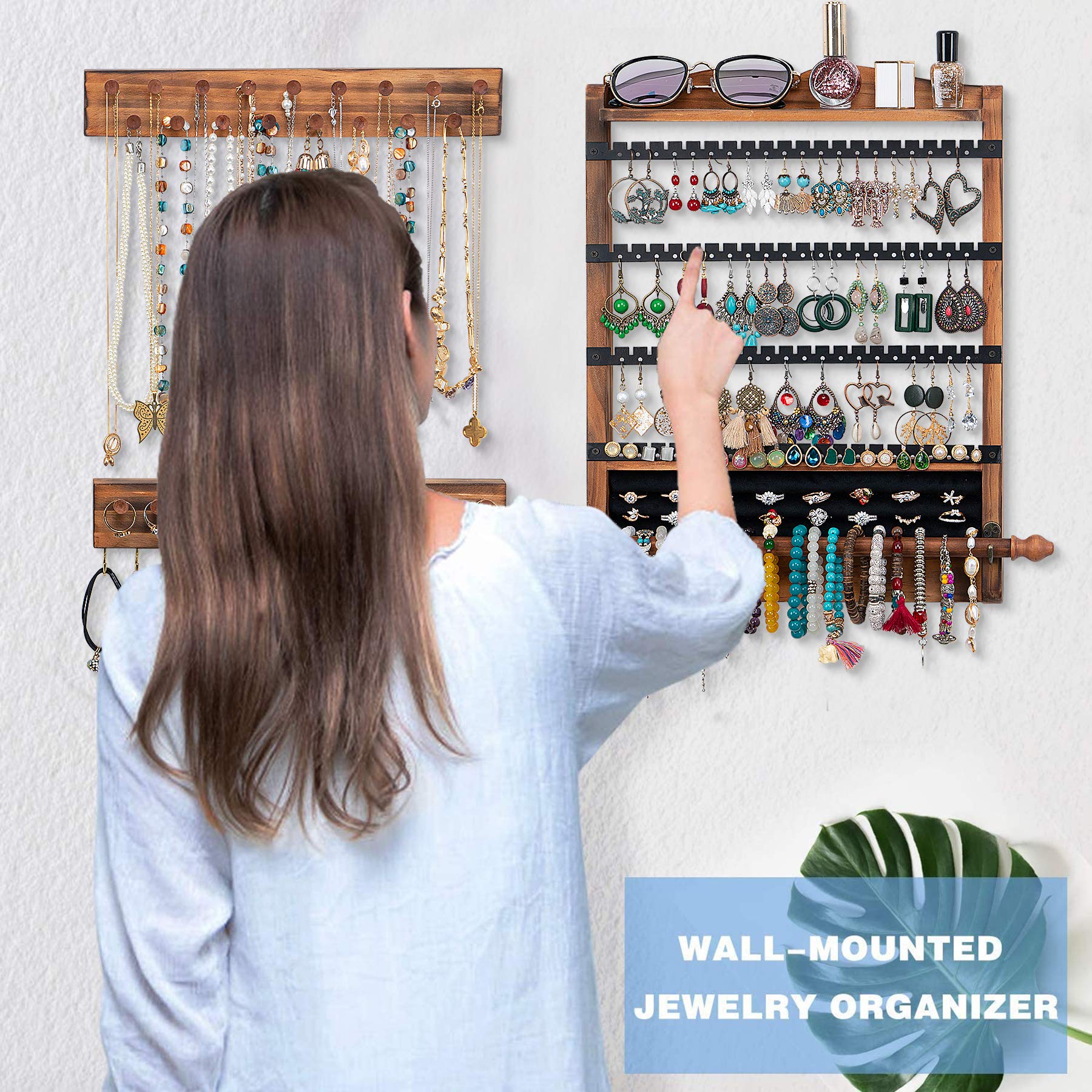 QILICHZ 3-Piece Wooden Wall Mounted Jewelry Organizer Set - Rustic Hanging Earring Holder & Necklace Display for Bedroom, Bathroom, and Closet Storage