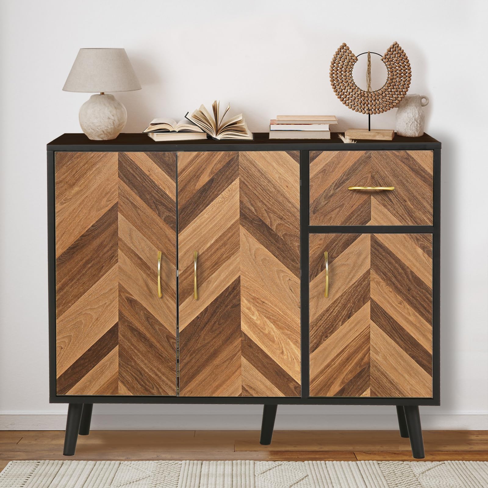 Likein Black Sideboard Cabinet with Drawer & 3 Doors - Mid-Century Modern Buffet Cabinet for Kitchen, Living Room, Entryway | Compact Storage Solution for Dishes, Linens & Home Decor | Perfect for Small Spaces, Apartments & Dining Areas