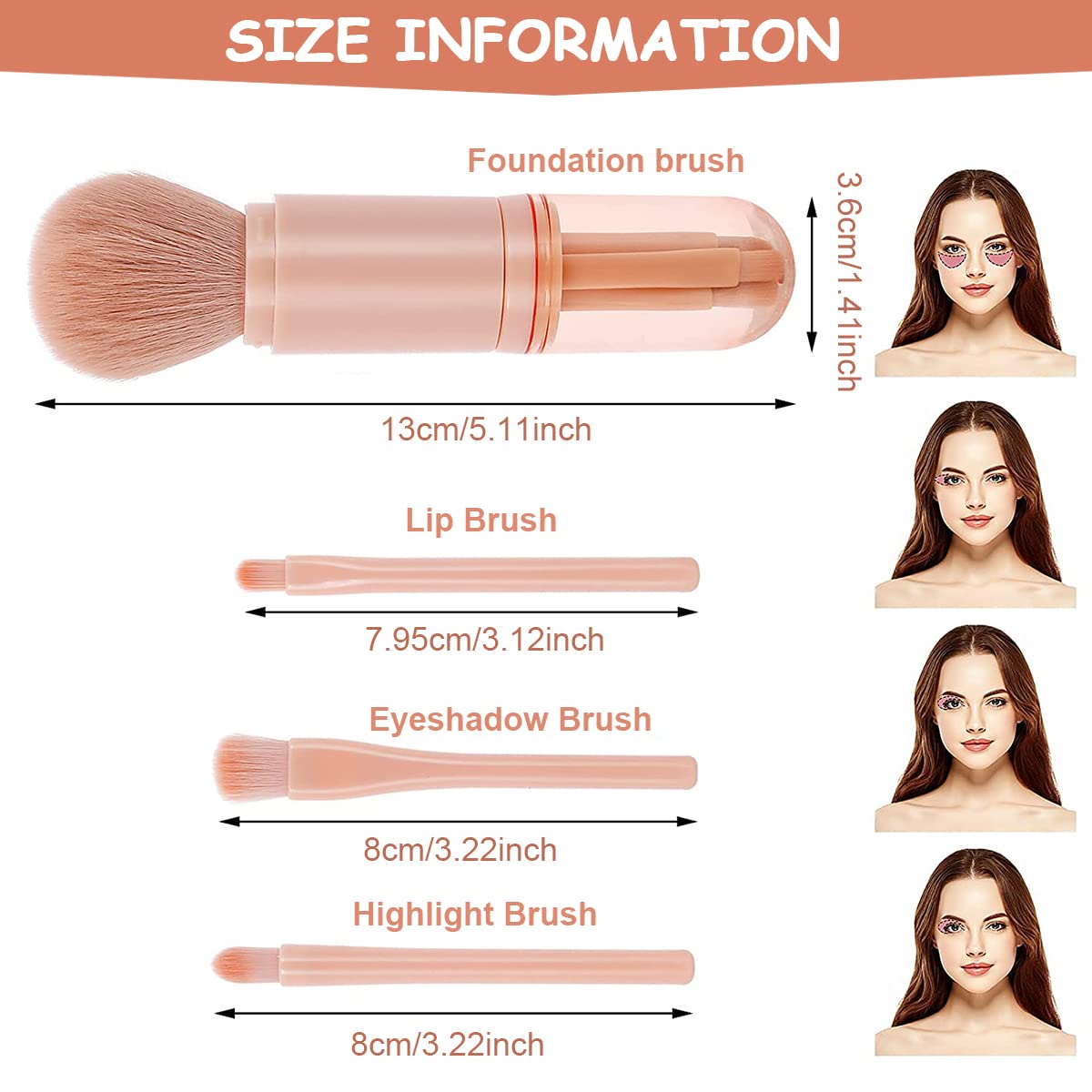 MAYCREATE® 4-in-1 Portable Makeup Brush Set - Retractable Powder, Lip, Highlight & Eyeshadow Brushes for Travel | Mini Cosmetic Brush Kit (Nude) | Perfect for On-the-Go Touchups & Professional Makeup Application