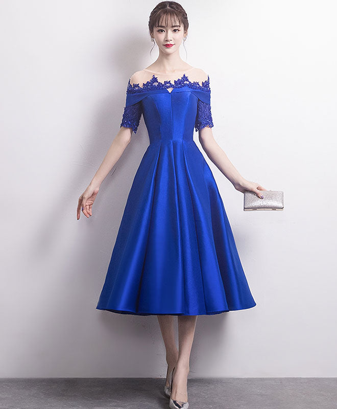 Elegant Blue Satin Lace Round Neck Prom Dress | Formal Bridesmaid Gown for Weddings & Evening Parties | Perfect for Homecoming, Prom Night & Special Occasions
