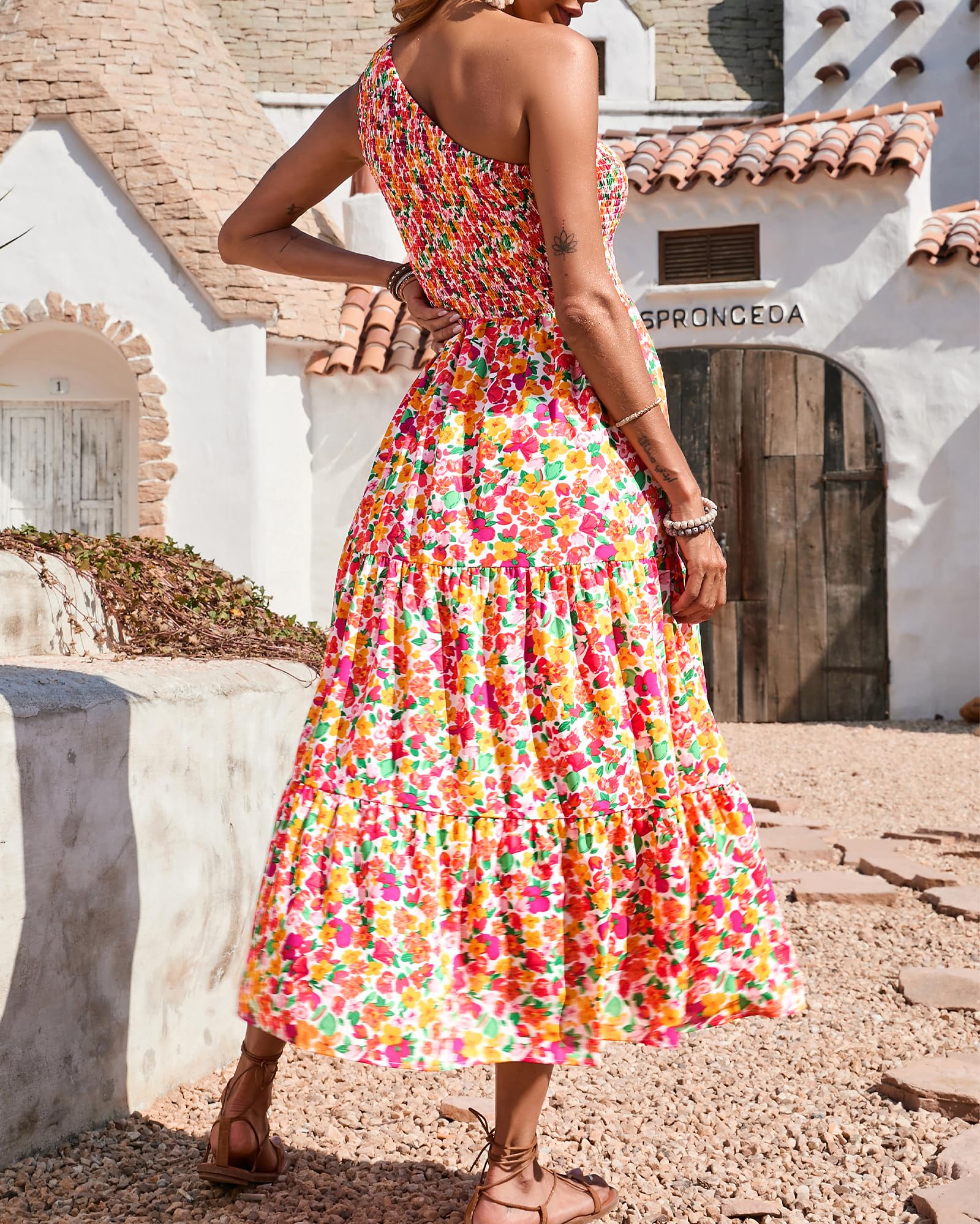 BTFBM Women's One Shoulder Floral Maxi Dress - Sleeveless High Waist Boho Beach Dress for Summer 2025 | Casual Smocked Flowy Dress for Vacations, Parties & Outdoor Events