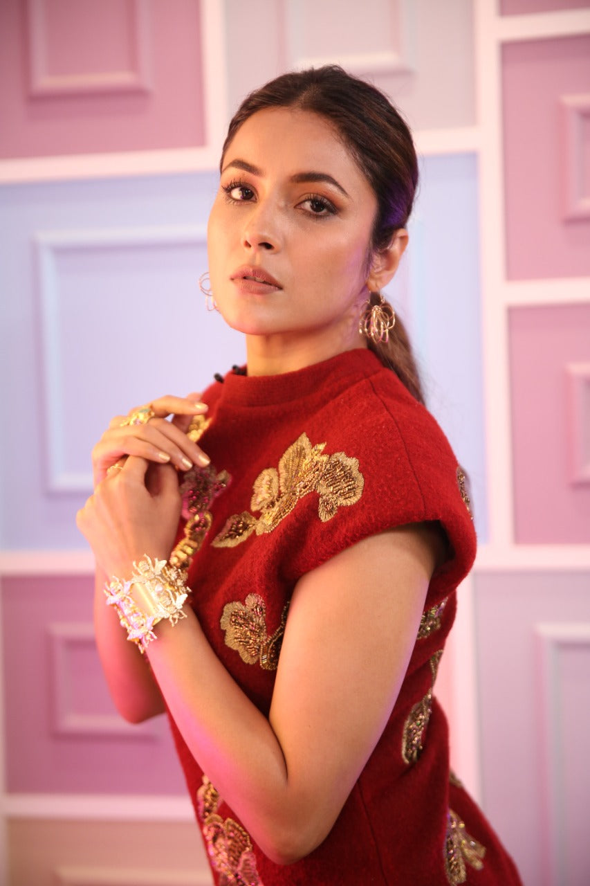 Shehnaaz Gill Oxblood Red Baroque Embroidered Dress - Elegant Party Wear for Women | Perfect for Weddings, Festivals & Special Occasions