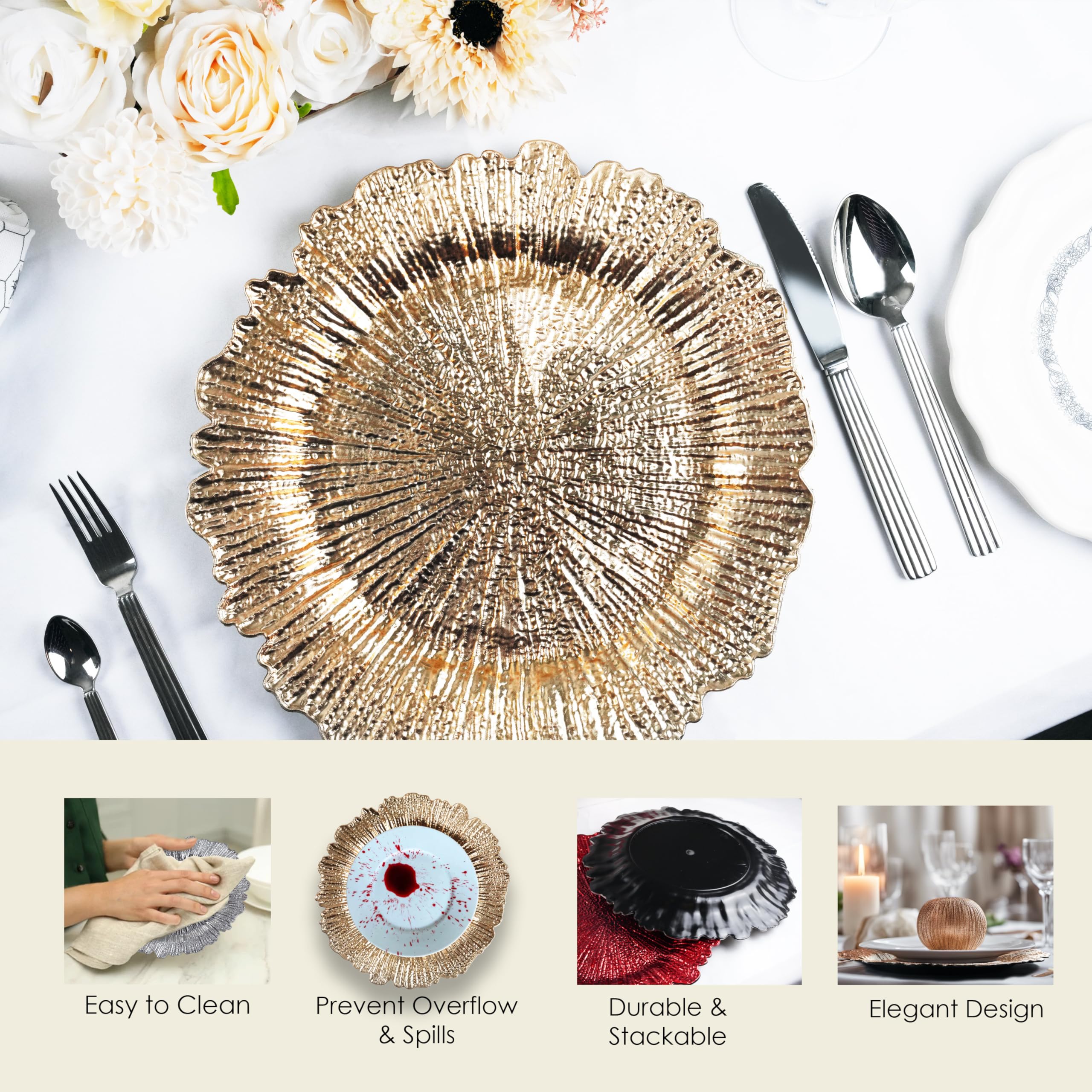 Evershine 12-Pack 13 Inch Gold Plastic Charger Plates with Floral Reef Design - Elegant Dinner Plates for Wedding, Party & Table Setting Decor - Perfect for Formal Dining, Buffets & Special Events