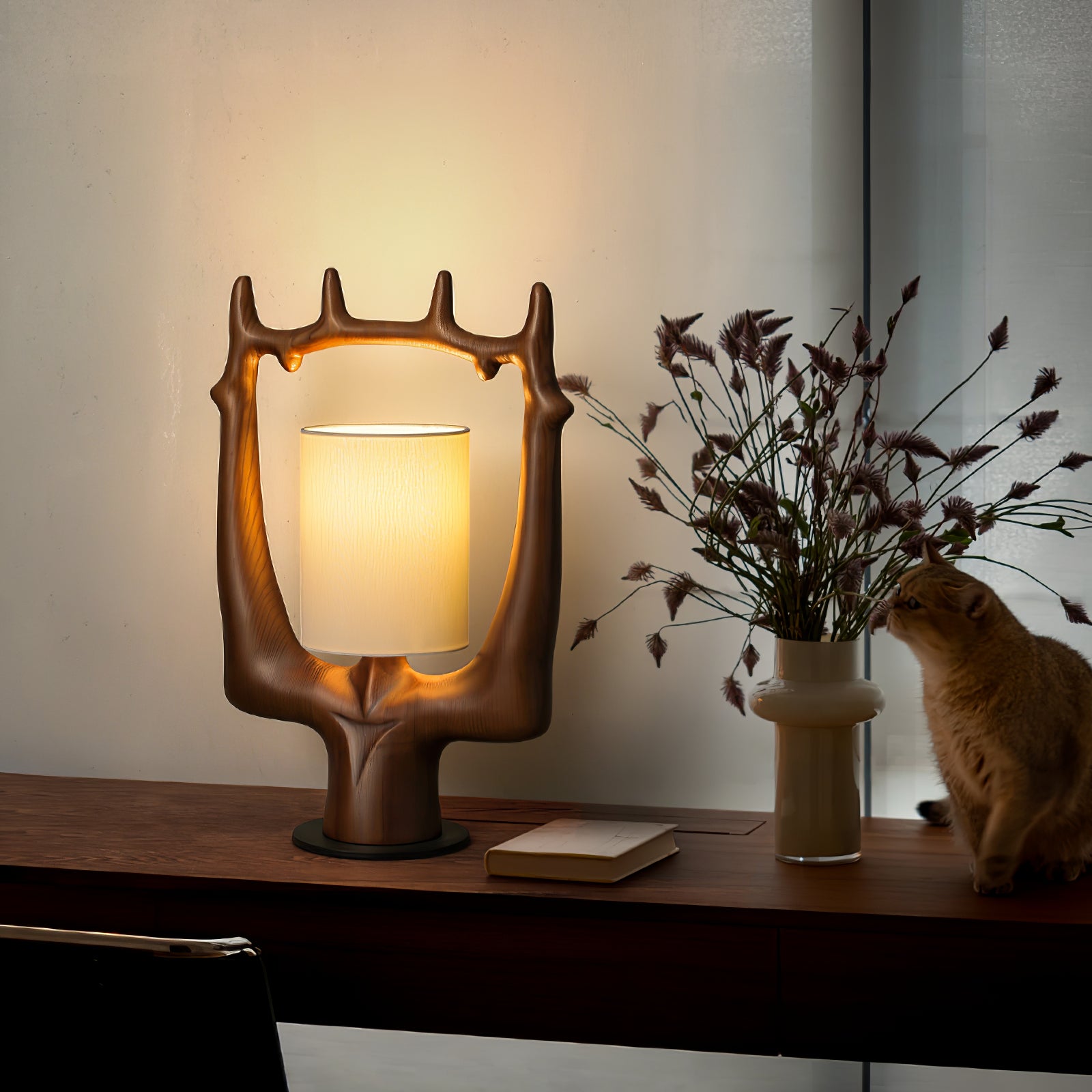 Antler Ring Table Lamp - Rustic Wooden Nightstand Light for Bedroom, Living Room & Office - Warm White LED Bulb Included