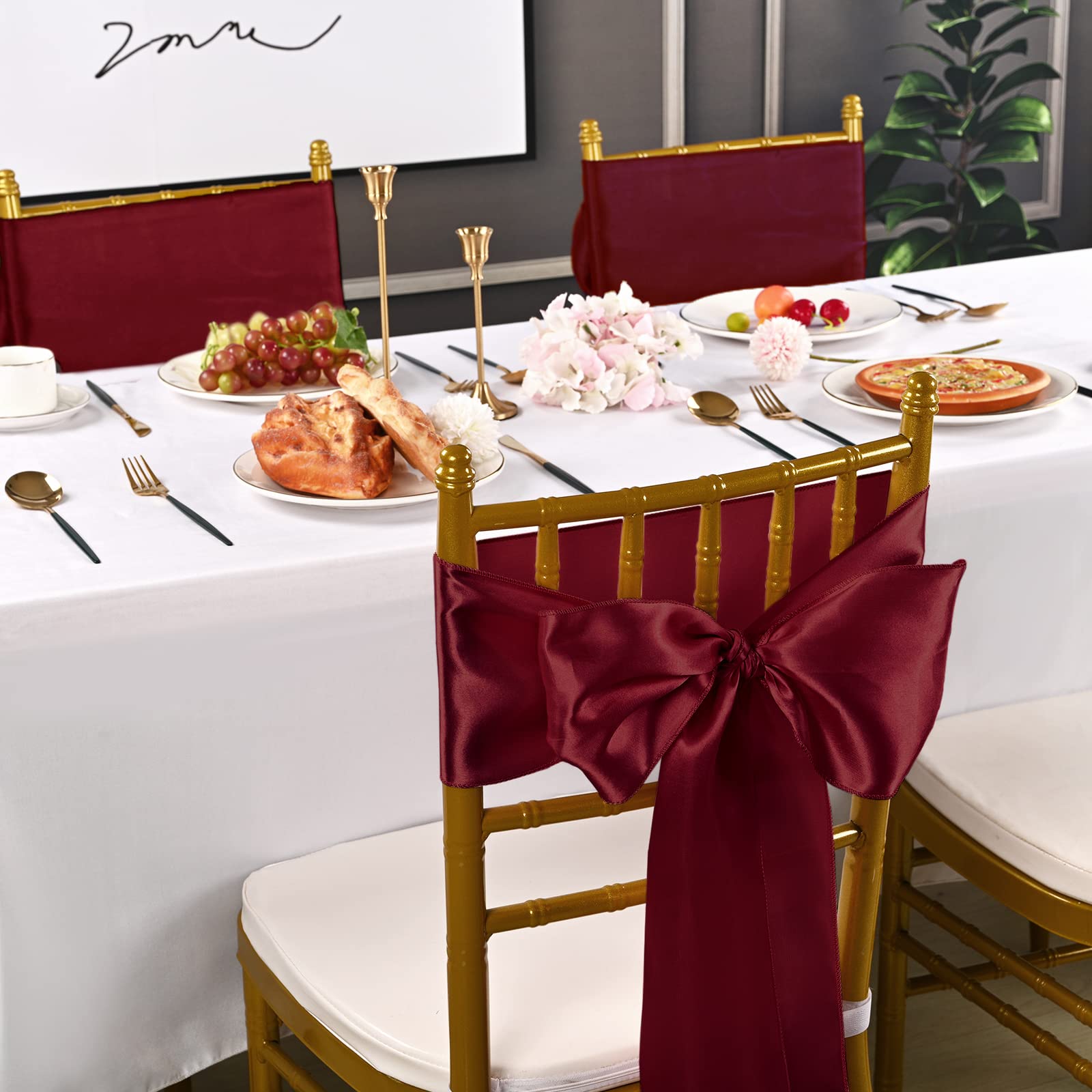 60 PCS Burgundy Satin Chair Sashes - Universal Wedding Chair Covers for Reception, Banquet, Party & Event Decorations (7x108 inch) - Perfect for Restaurants, Hotels & Special Occasions