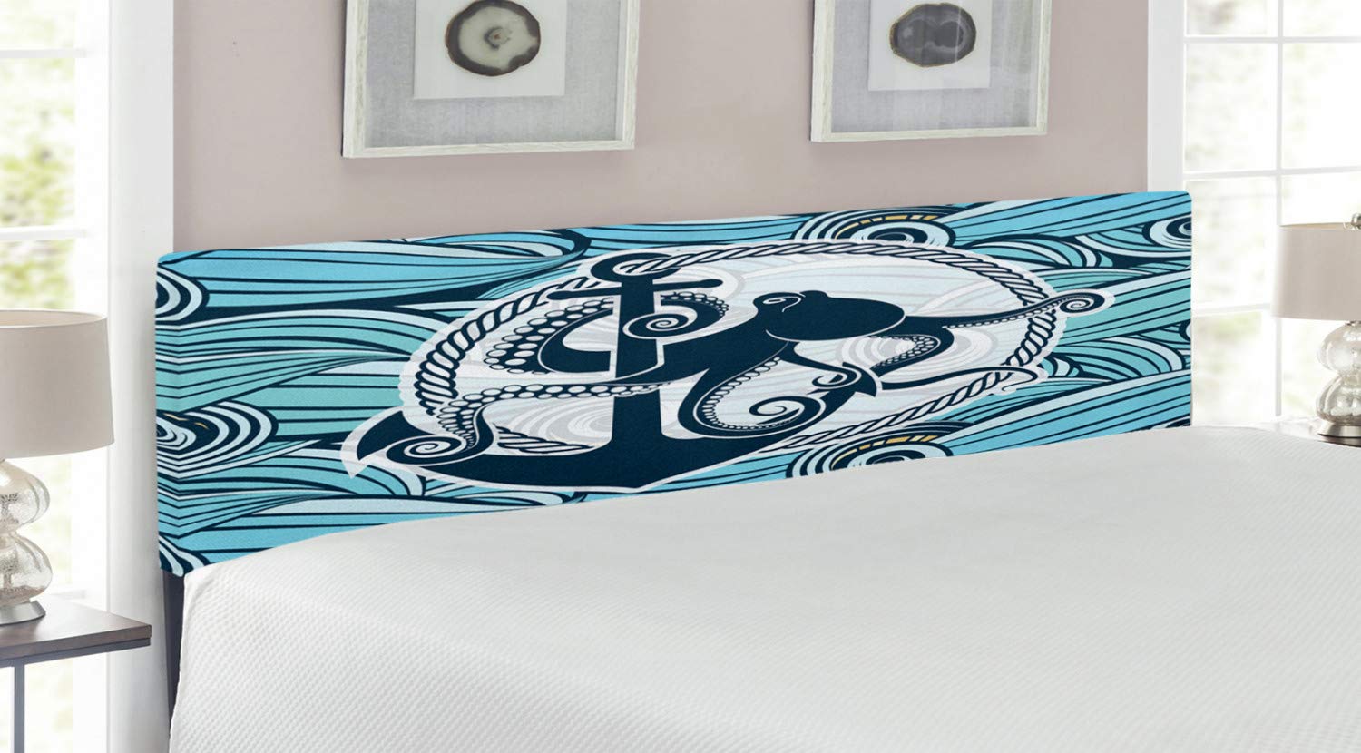Ambesonne King Size Upholstered Metal Bed Headboard with Memory Foam - Nautical Octopus & Sea Waves Design, Multicolor Decorative Headboard for Coastal & Beach Themed Bedrooms