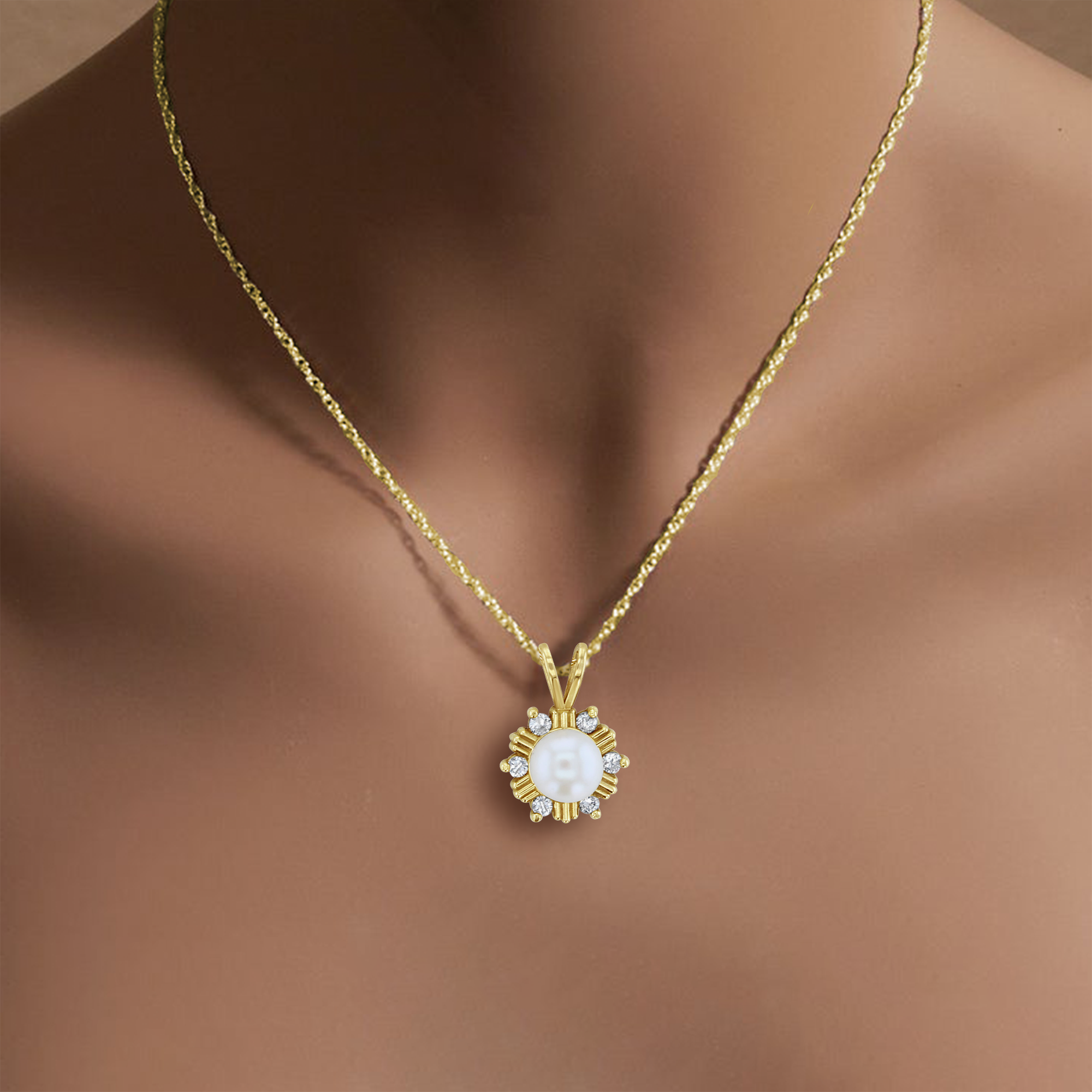 14K Yellow Gold Pearl and Diamond Starburst Pendant Necklace - Elegant Jewelry for Weddings, Parties & Special Occasions