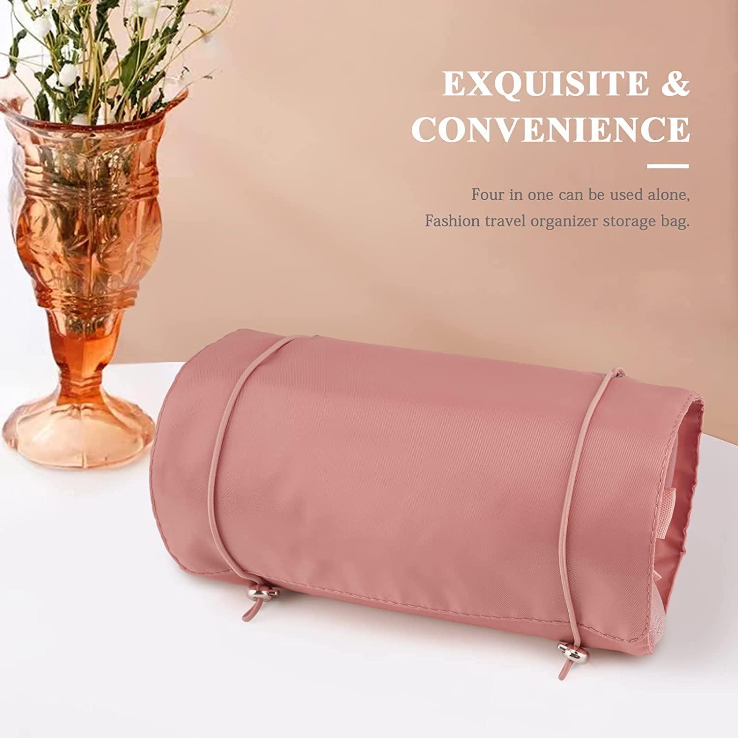 Spellwish 4-in-1 Detachable Hanging Cosmetic Bag - Portable Travel Toiletry Organizer with Separate Compartments, Roll Up Design for Makeup & Bathroom Essentials (Pink) - Perfect for Shower, Gym, Camping & Vacation Packing