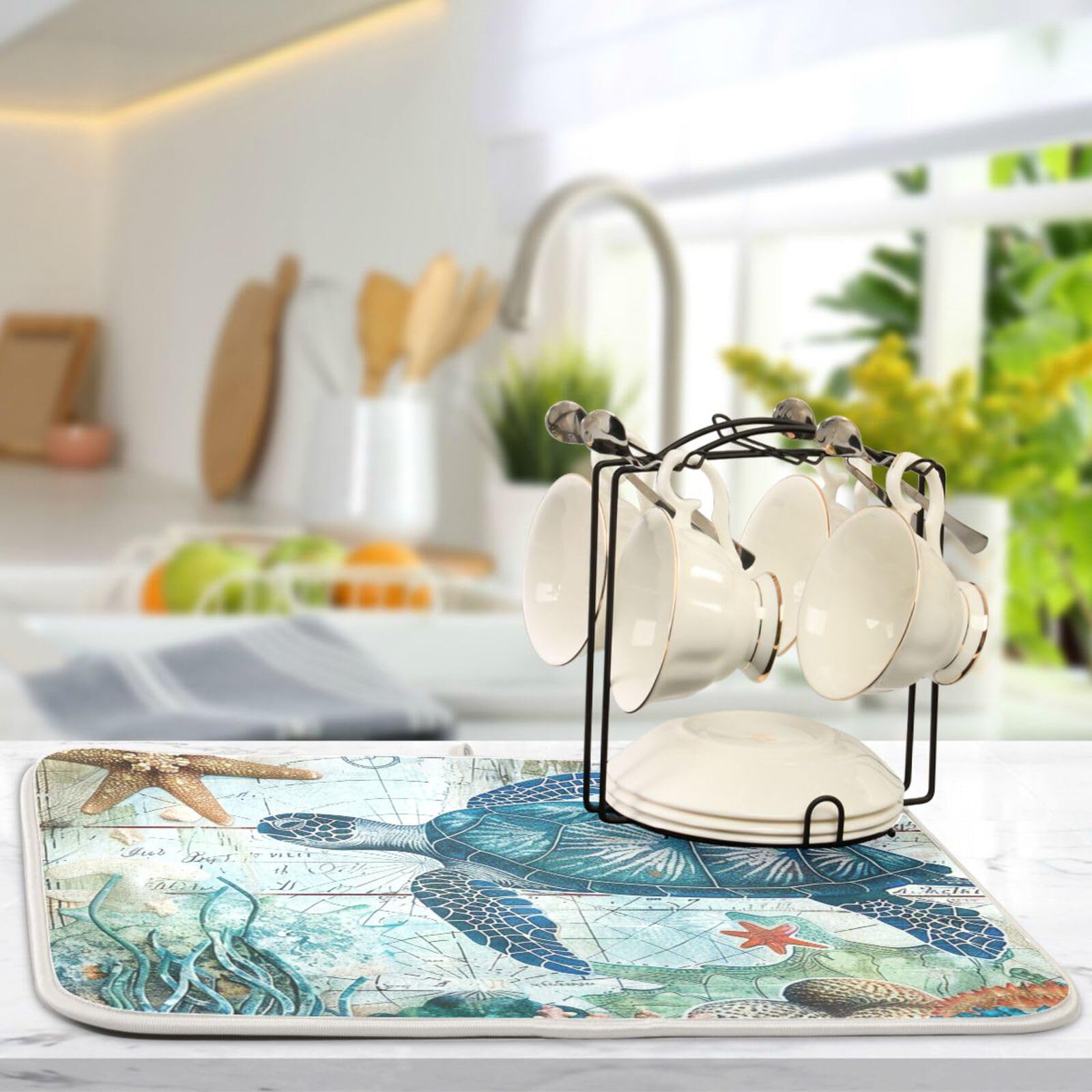 Ocean Sea Turtle Dish Drying Mat - 16x18in Absorbent Microfiber for Kitchen Counter - Fast Dry for Dishes & Utensils
