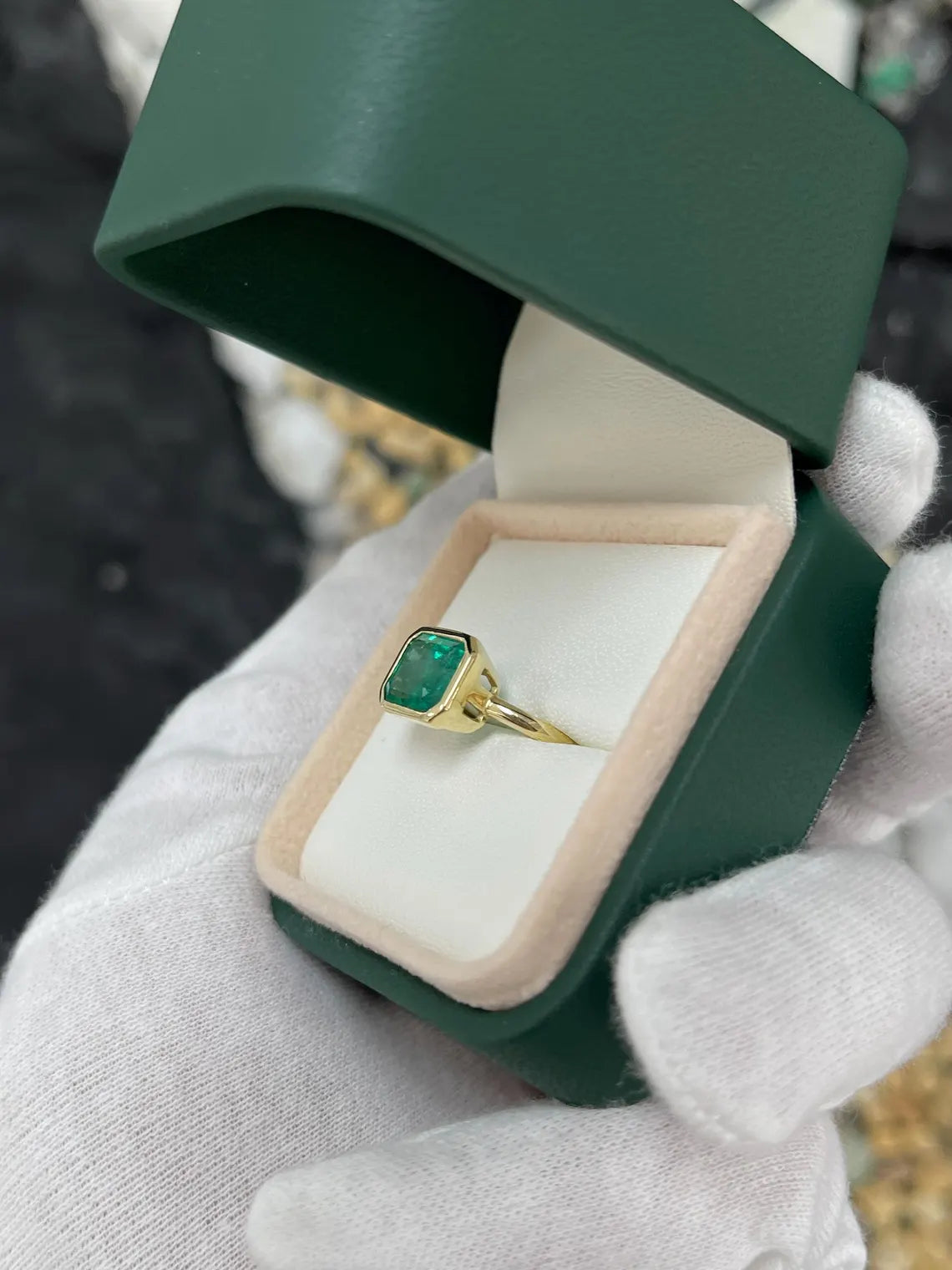 3.26ct Emerald Cut Solitaire Ring with Lush Green Bezel Set - Elegant Jewelry for Weddings, Anniversaries & Special Occasions