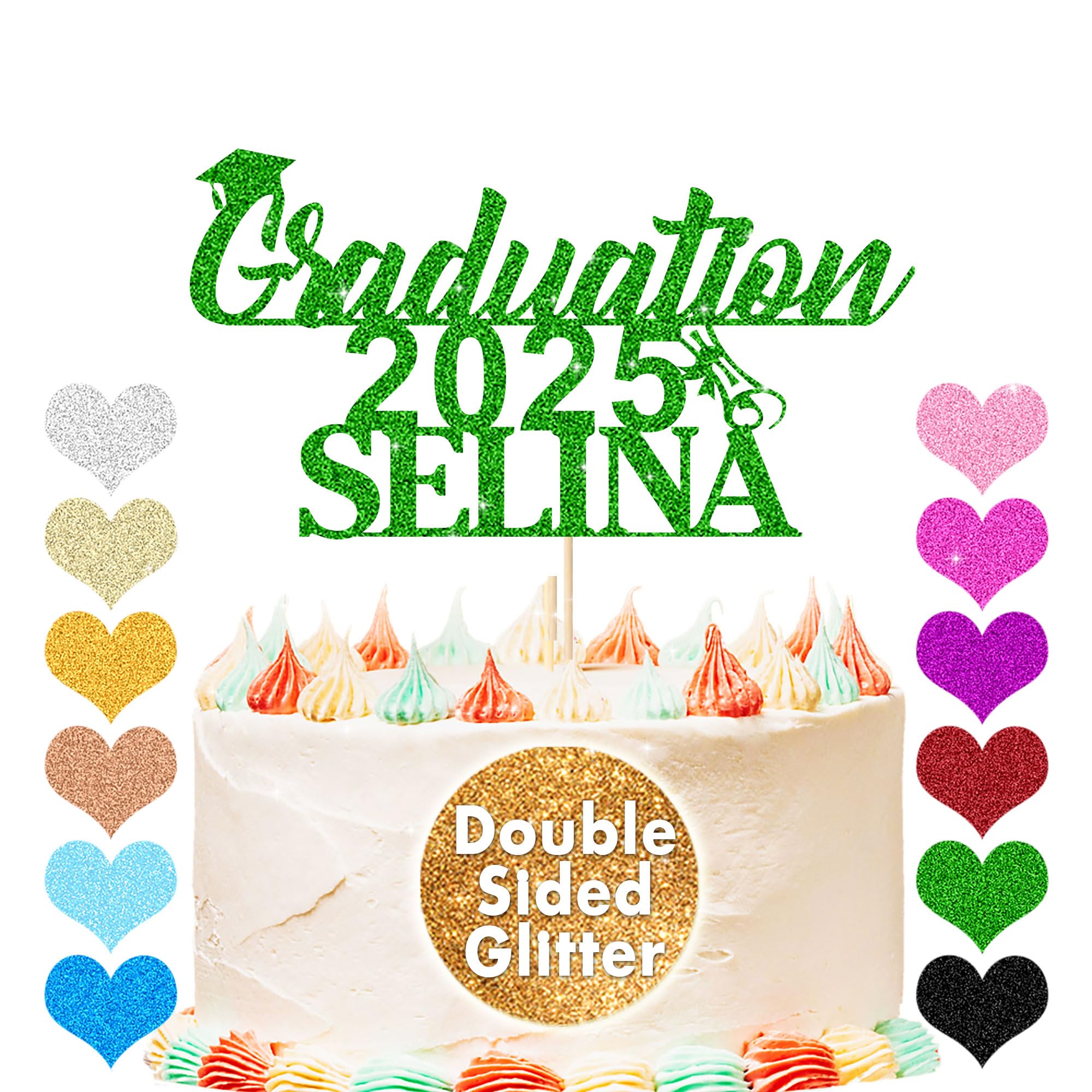 Custom Graduation Cake Topper - Personalized Class of 2025 Congrats Hat for Students - Double Sided Glitter Card with Any Name (Green) - Perfect for Graduation Parties, School Celebrations & Gift Giving