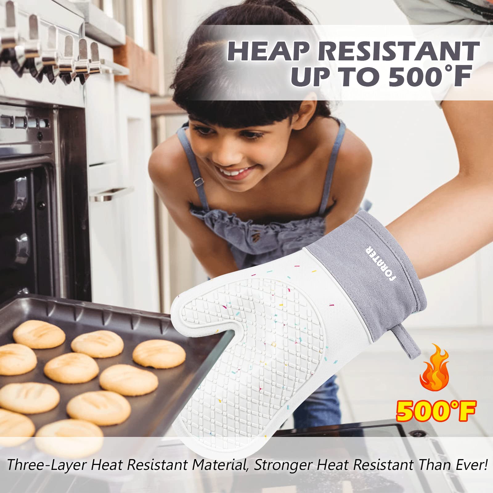 Heat-Resistant Silicone Oven Mitts with Non-Slip Grip - 11'' Waterproof & Durable Kitchen Gloves for Baking, Grilling, BBQ, Camping - Perfect for Hot Pans, Baking Sheets & Outdoor Cooking (1 Pair, Grey)
