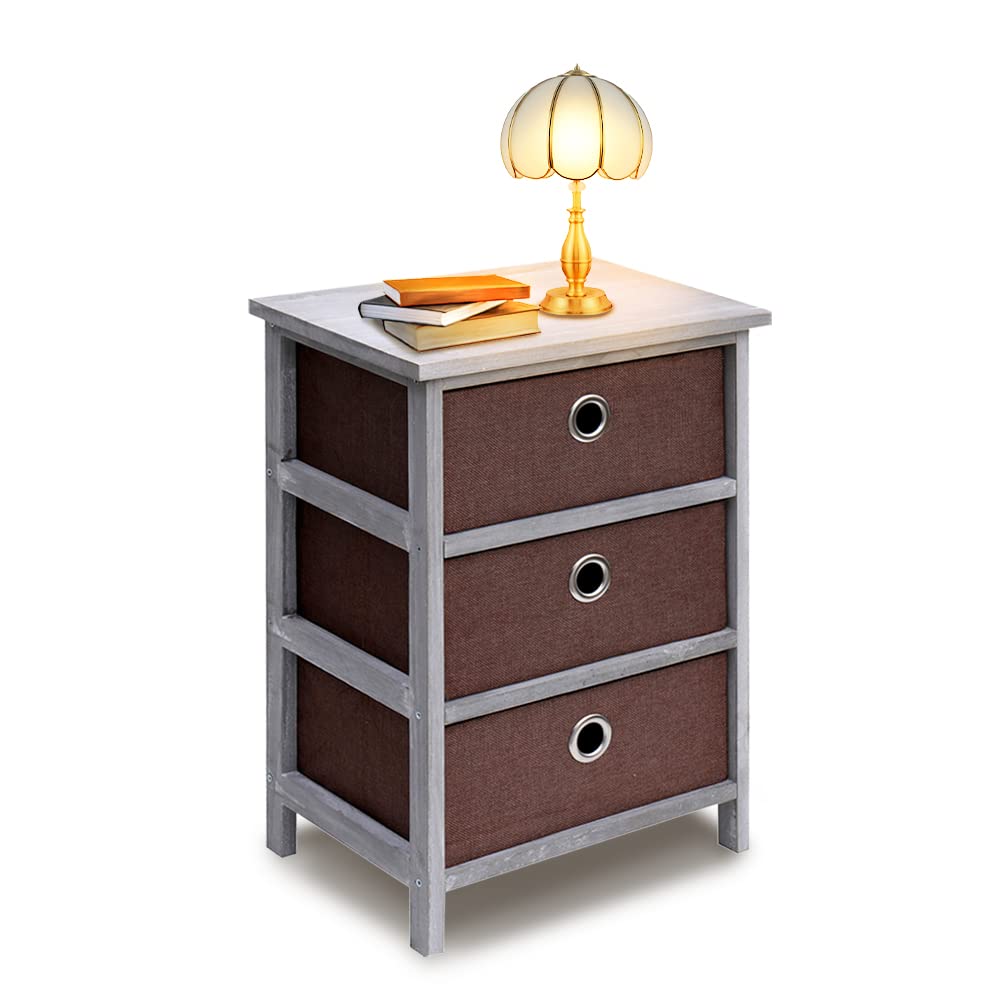 NO MORE TAG 3-Drawer Nightstand with Storage Cabinet - Wood Frame Fabric Bins Bedside Table for Bedroom, Living Room | Compact Side Table with Ample Storage Space for Books, Lamps & Bedroom Essentials