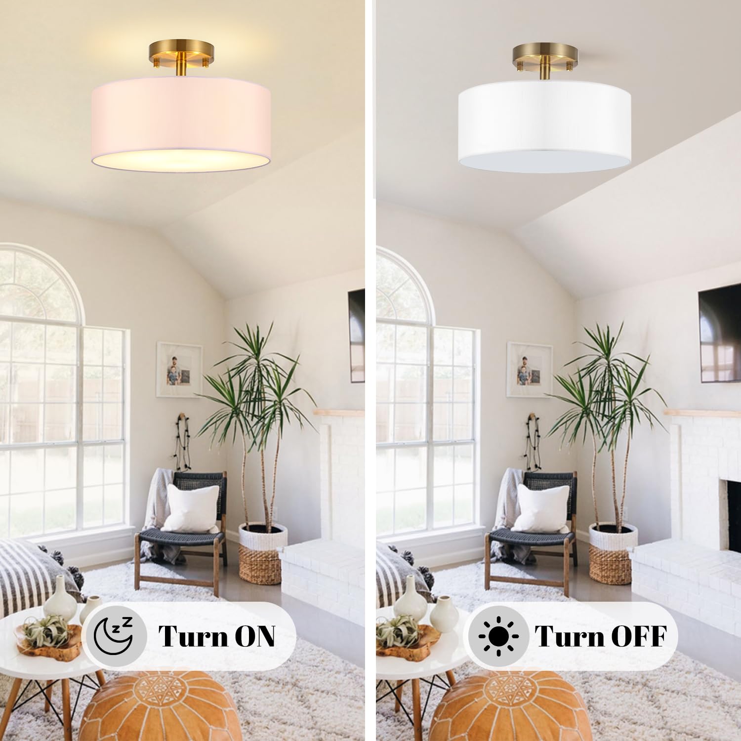 15 Inch Drum Ceiling Light Fixture - White Fabric Shade & Gold Finish - Semi-Flush Mount Lighting for Bedroom, Dining Room, Living Room, Hallway - Modern Home Decor & Ambient Lighting Solution