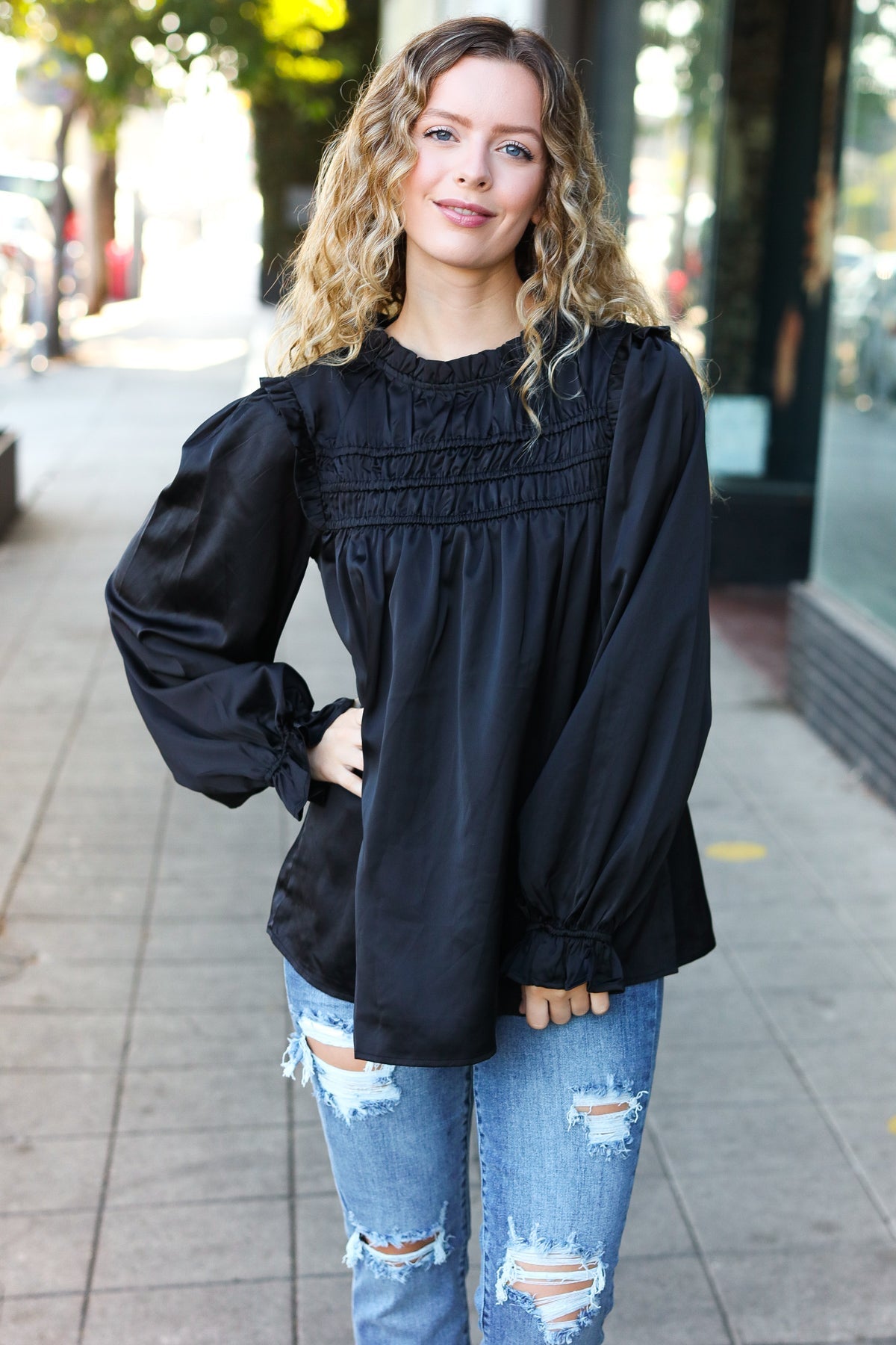 Black Satin Shirred Yoke Frilled Mock Neck Top for Women - Elegant Party & Evening Wear