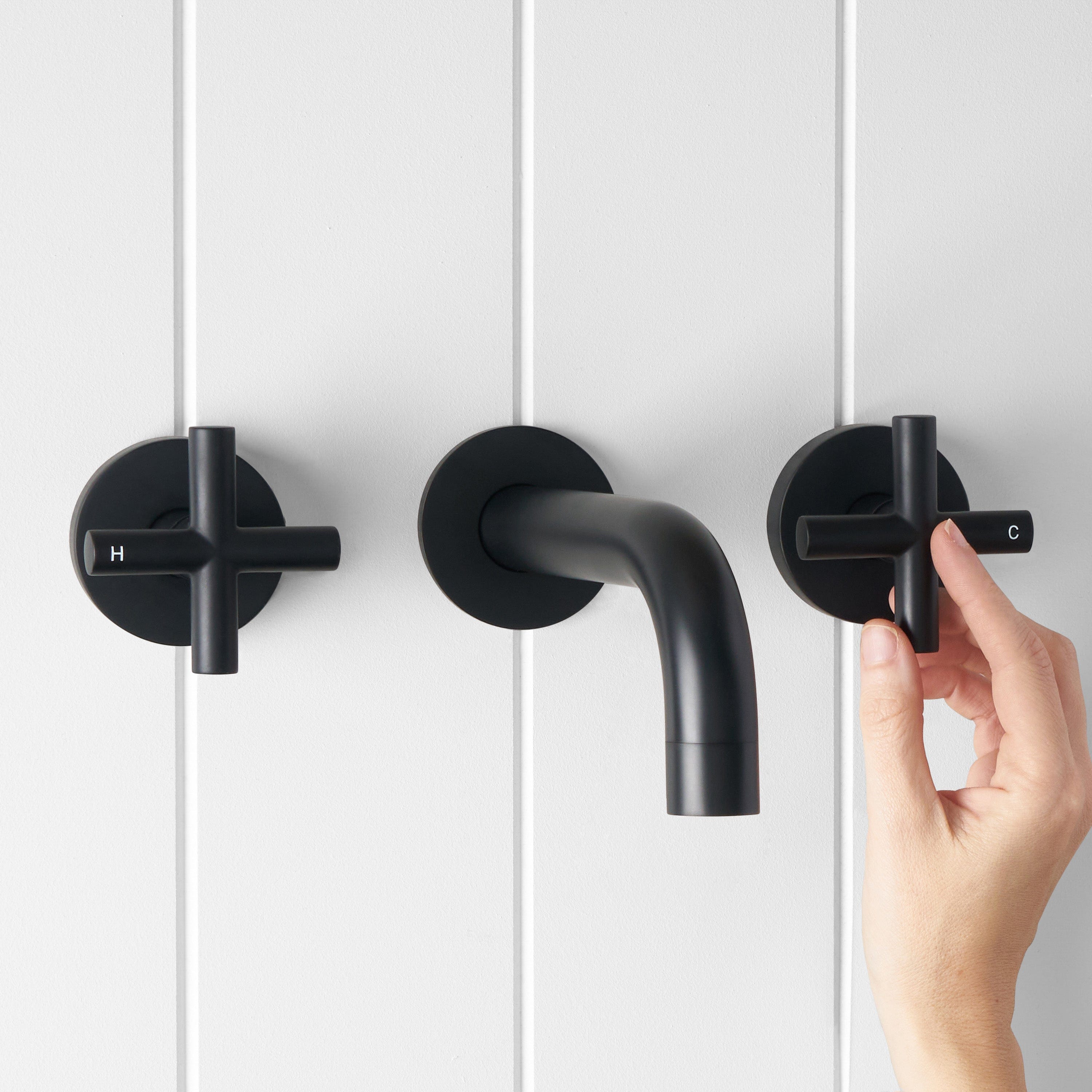 Matte Black Wall Spout with Cross Taps - Premium Bathroom Faucet for Modern Sink & Vanity Installation - Perfect for Home, Hotel, and Commercial Use