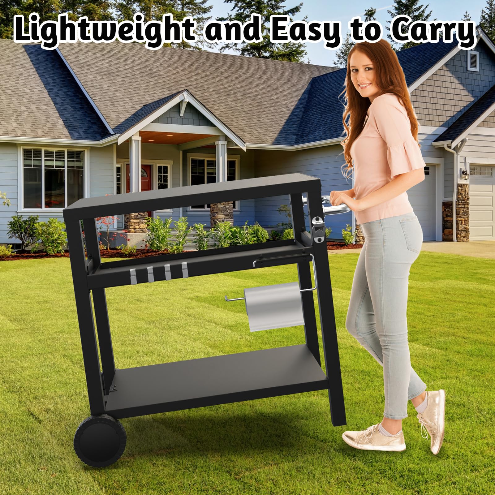 Portable BBQ Grill Cart with 3 Shelves - Outdoor Patio Kitchen Cooking & Camping Grill Stand with Wheels, Hooks, Towel Holder & Bottle Opener - Easy Assembly (29.5 x 19.6 x 29.7 Inches) - Perfect for Picnics, Backyard BBQs, Tailgating & Camping Trips