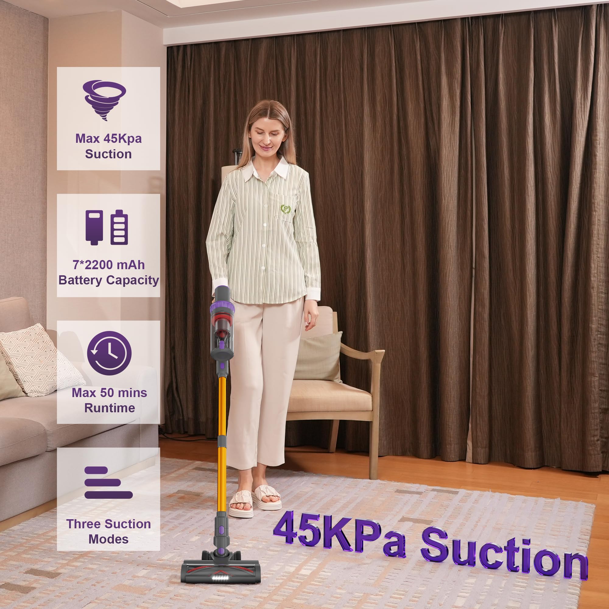 Powerful Cordless Vacuum Cleaner - 45KPa Strong Suction, 50 Min Runtime, 4-in-1 Lightweight Stick & Handheld Vacuum for Hardwood Floors, Carpets, Pet Hair - Rechargeable with LED Display - Perfect for Home Cleaning & Pet Owners