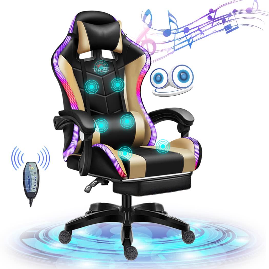Ergonomic Gaming Chair with Built-in Bluetooth Speakers & RGB LED Lights - High Back PU Leather Computer Chair, Adjustable Reclining Racing Style Office Swivel Chair for Adults & Teens (Gold) - Perfect for Esports, Streaming & Home Office Setup