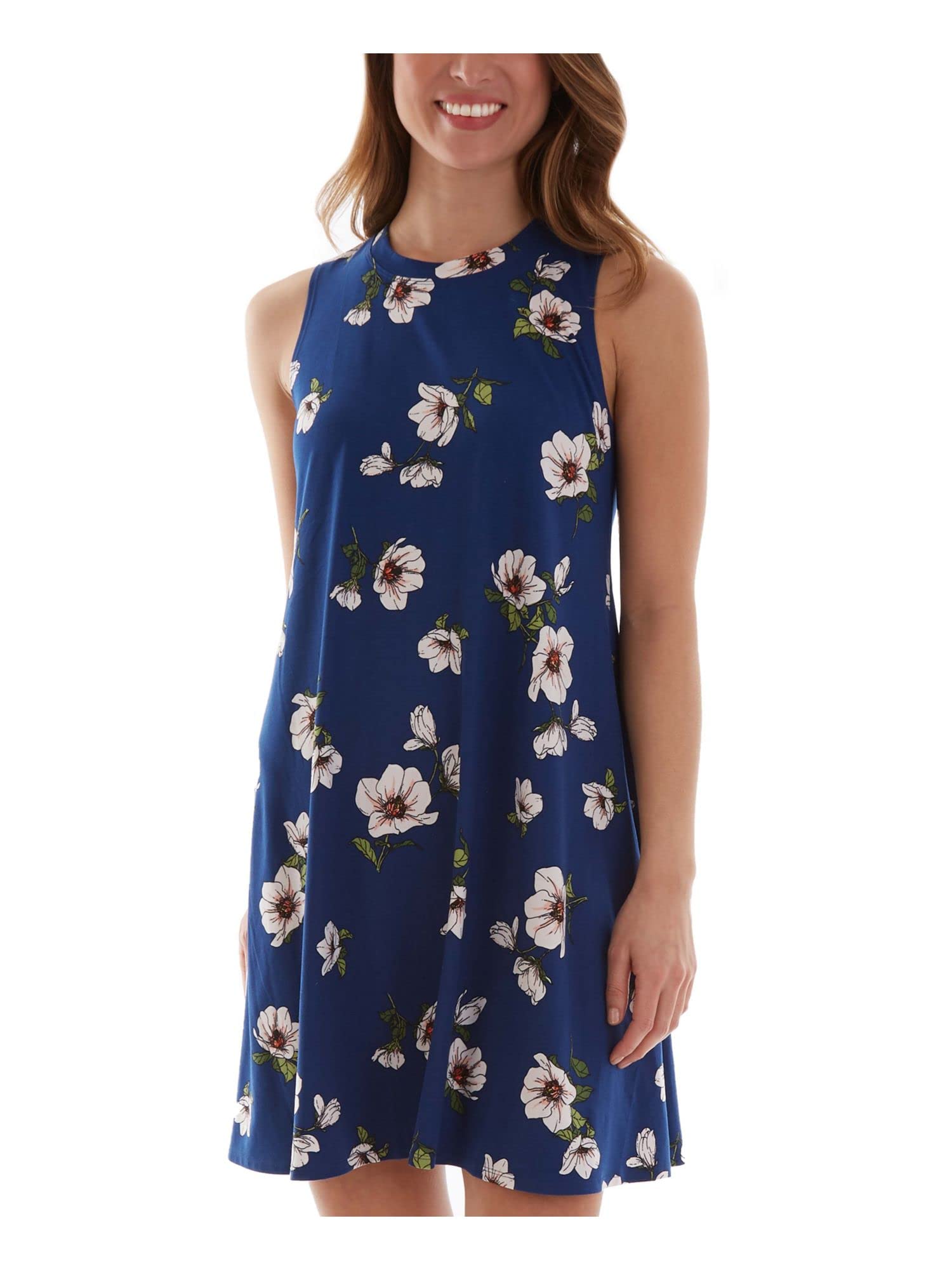 BCX Women's Blue Floral Sleeveless Crew Neck A-Line Summer Dress - Juniors XXL - Perfect for Beach Vacations, Garden Parties & Casual Outings