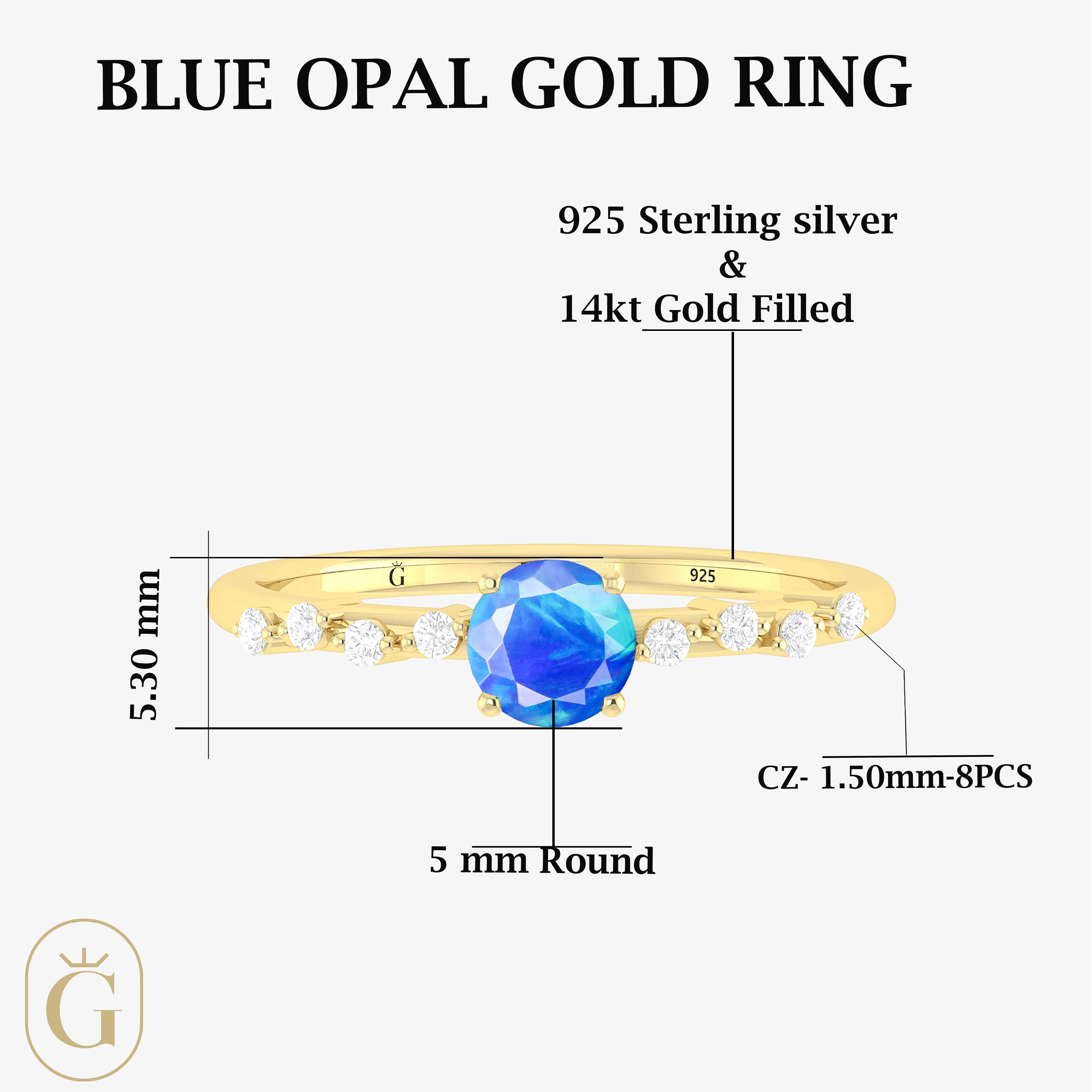 Natural Blue Opal Round Stone Minimalist Solitaire Ring with Accent Diamonds - Elegant Dainty Jewelry for Women, Perfect for Engagement, Wedding, Anniversary & Everyday Wear