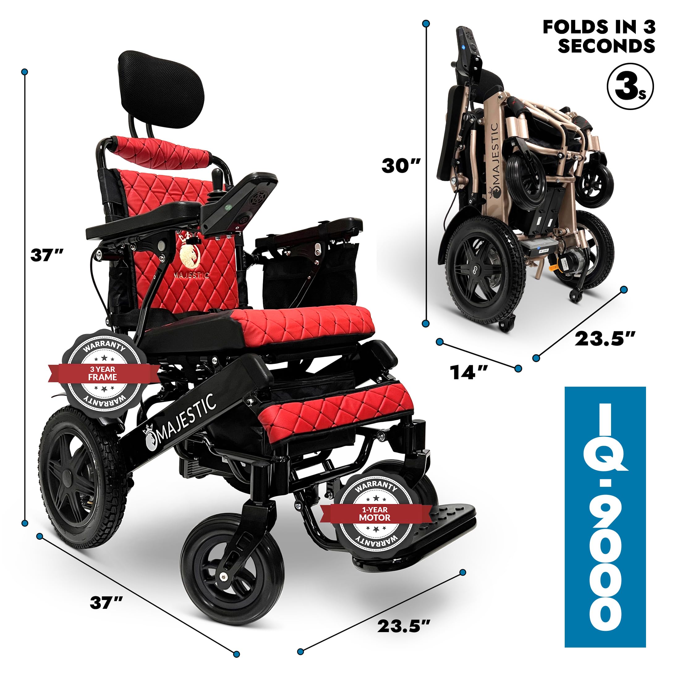 Majestic IQ-9000 Lightweight Foldable Electric Wheelchair for Adults & Seniors - 19 Mile Range, 17.5