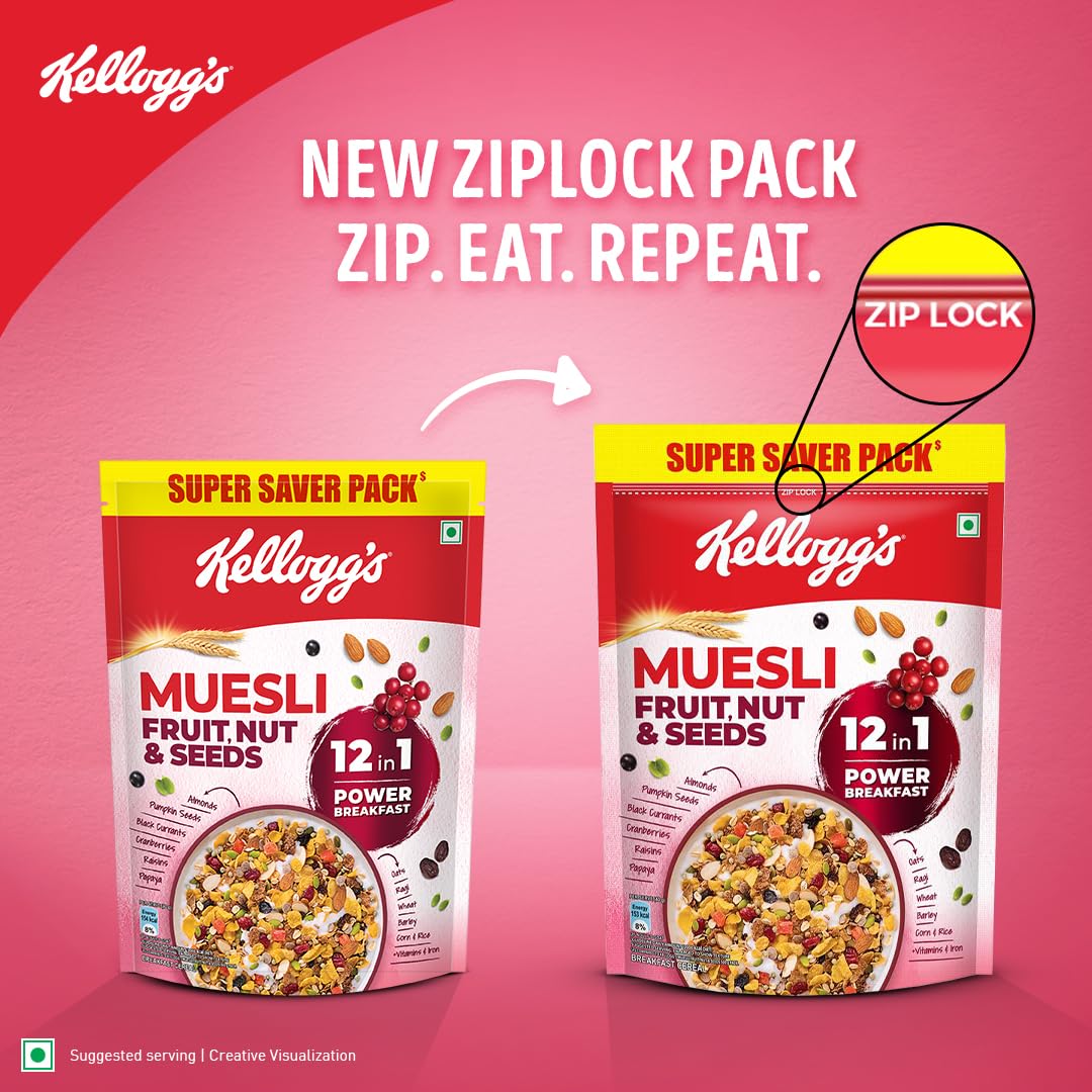 Kellogg's Muesli with Fruits, Nuts & Seeds - 750g | 12-in-1 Power Breakfast Cereal | India's No.1 Multigrain Muesli | Healthy Morning Meal for Weight Loss & Energy Boost | Perfect for Busy Professionals & Fitness Enthusiasts