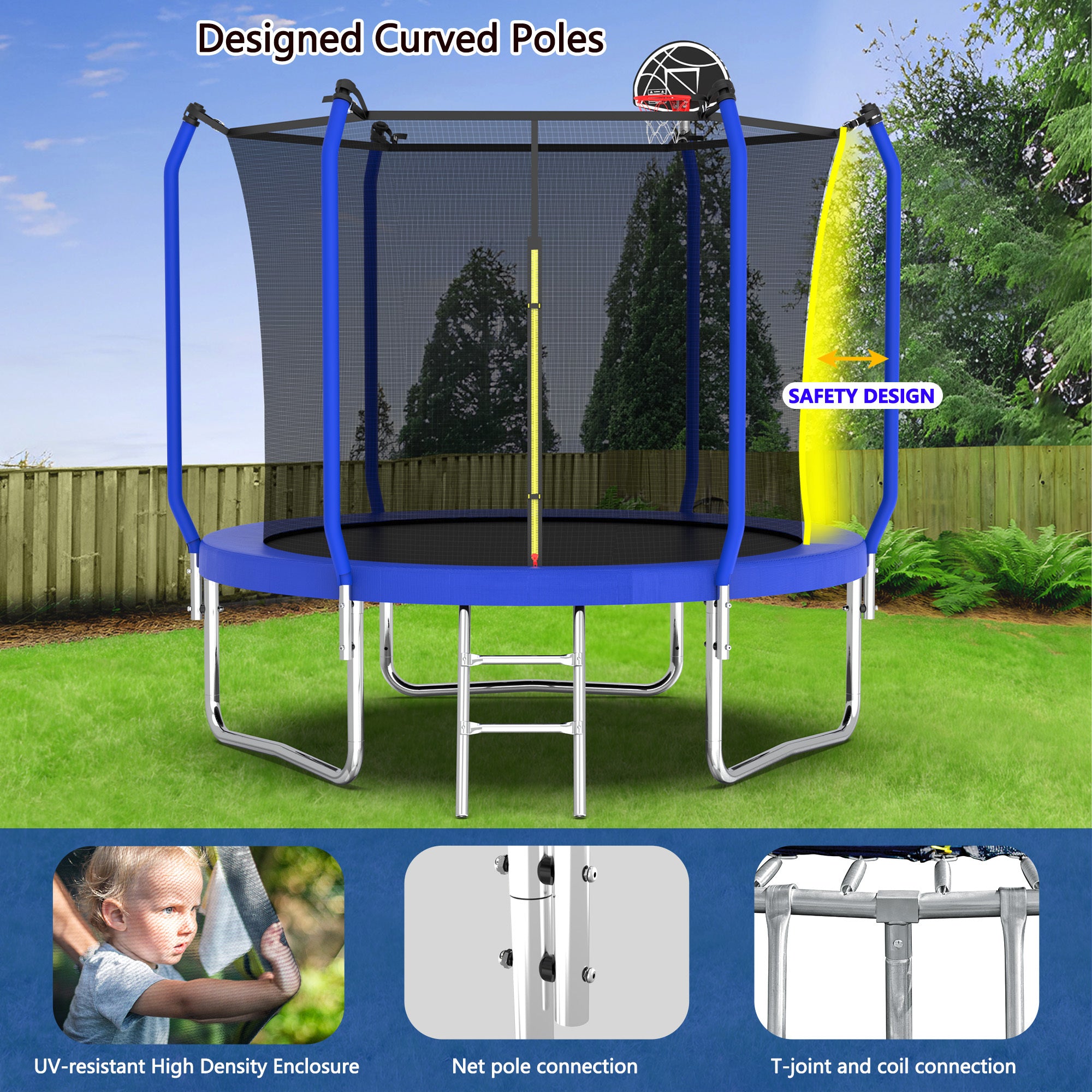 10FT Trampoline with Basketball Hoop - ASTM Approved Heavy-Duty Outdoor Trampoline with Safety Enclosure Net - Perfect for Backyard Fun, Kids Play & Family Fitness Activities