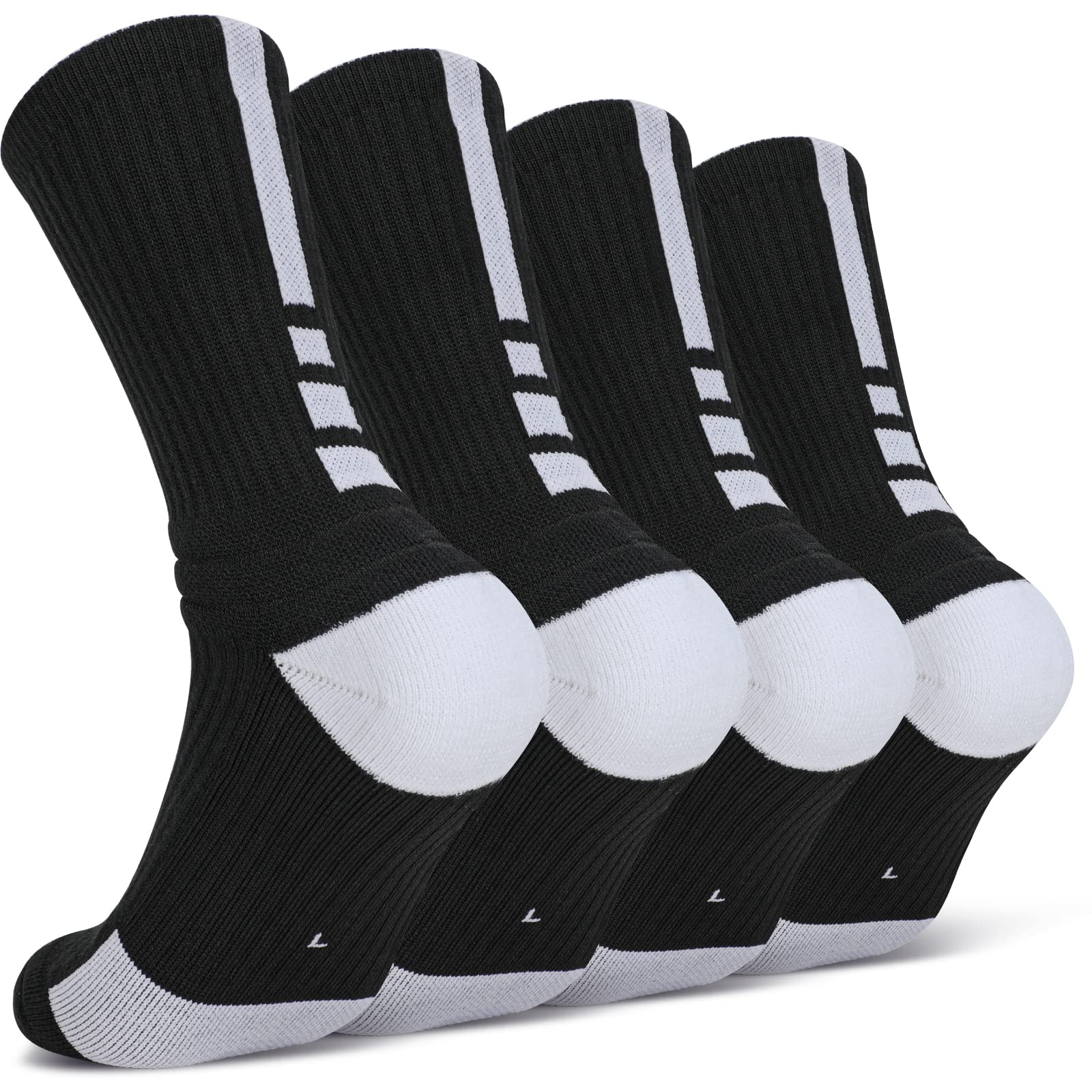 Finerview Elite Basketball Socks 4-Pack - Cushioned Performance Crew Athletic Socks for Men, Women & Youth - Moisture Wicking, Arch Support for Sports, Training & Everyday Wear