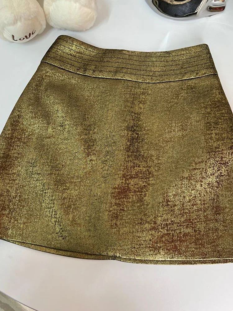 Luxury Golden Mini Skirt for Women - High Street Fashion A-Line Skirt | Sexy Office Wear & Streetwear Vintage Style | Perfect for Night Out, Club Party, and Casual Dating