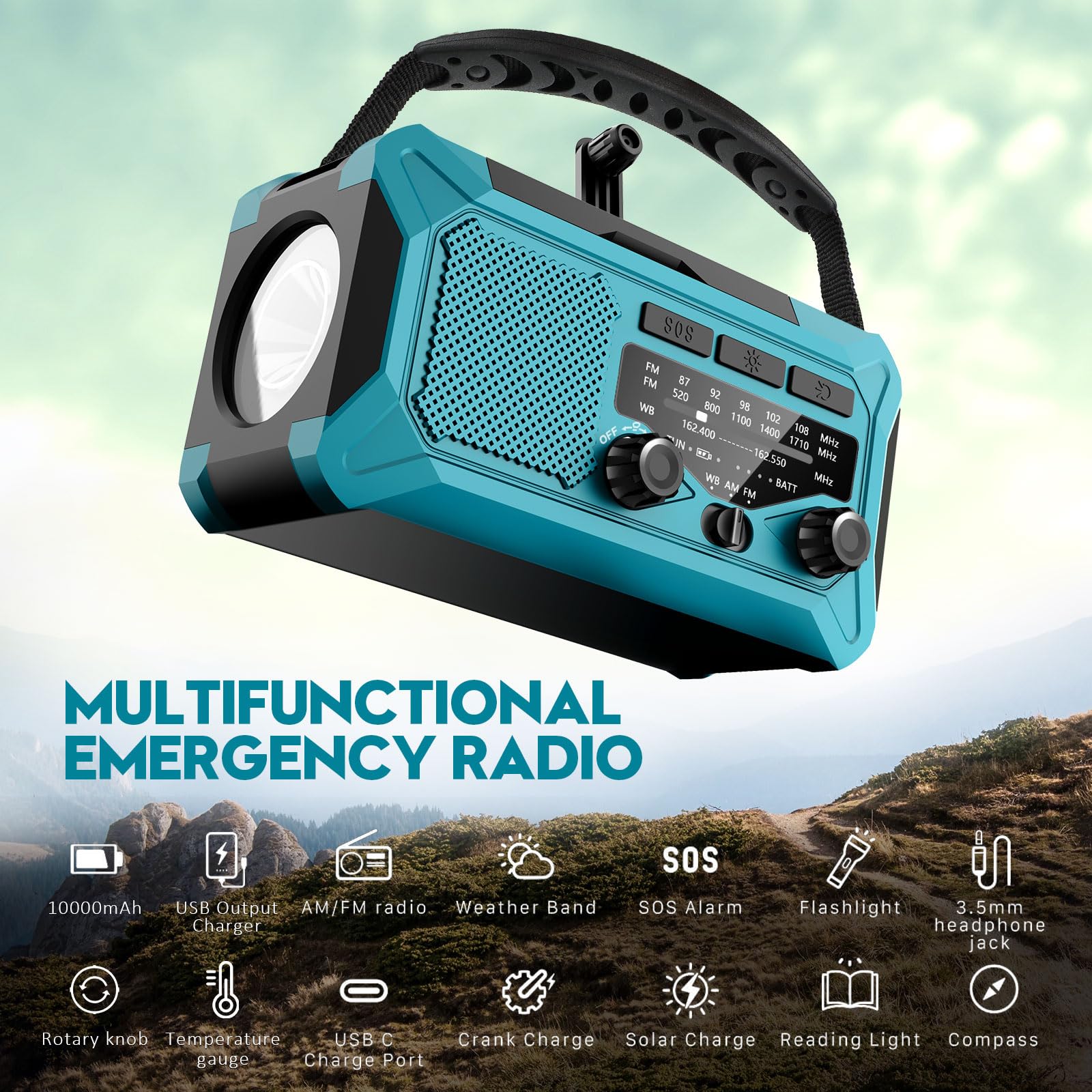 Emergency Hand Crank Weather Radio - Toolchums 10000mAh Solar Powered AM/FM/NOAA Radio with USB Phone Charger, LED Flashlight, Reading Lamp & SOS Alarm (Blue) - Perfect for Outdoor Camping, Hiking, and Emergency Preparedness
