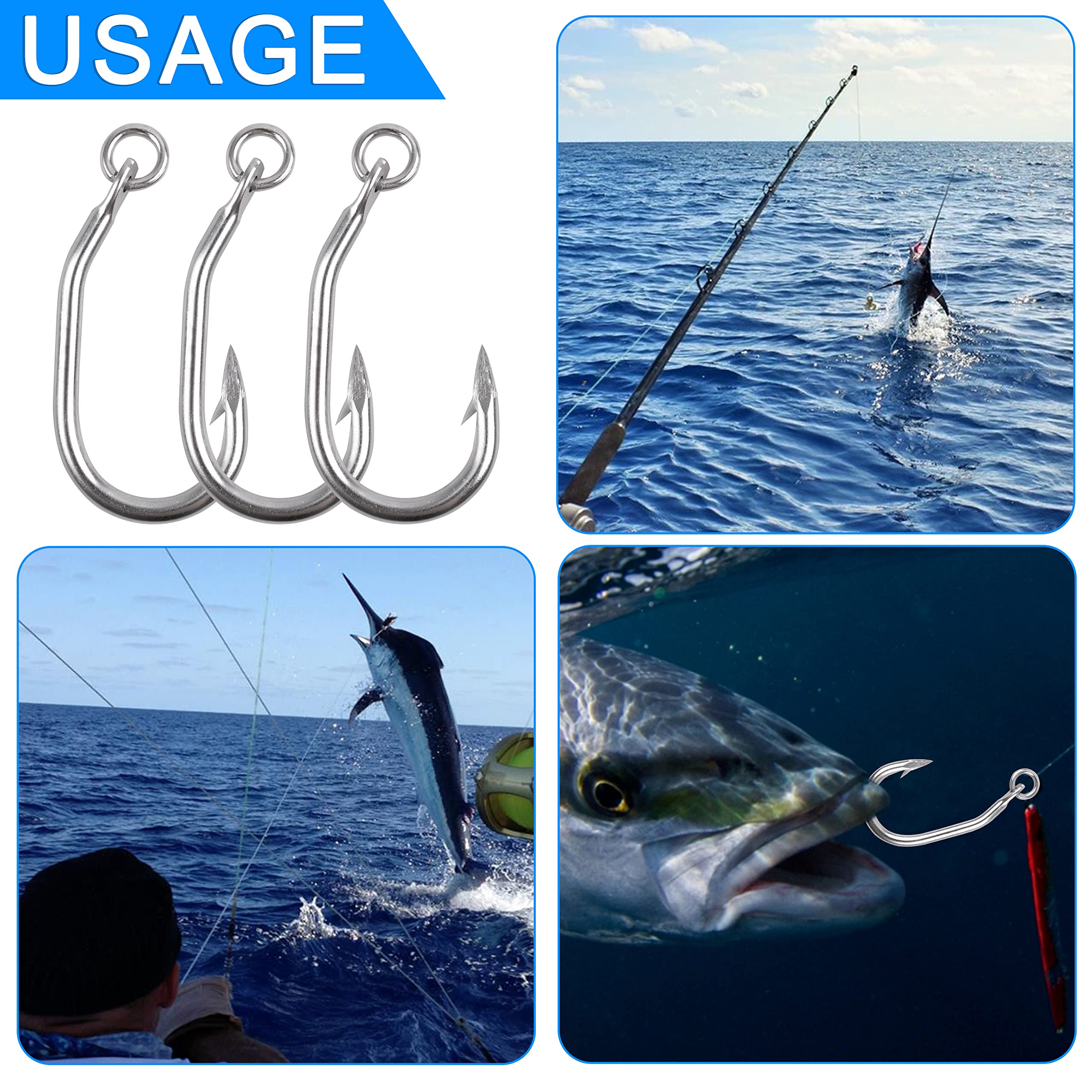 Premium Stainless Steel Ringed Live Bait Fishing Hooks - 10pcs Saltwater Big Game Circle Hooks for Tuna, Shark, Swordfish & Catfish - Heavy Duty Fishing Gear for Deep Sea & Offshore Angling