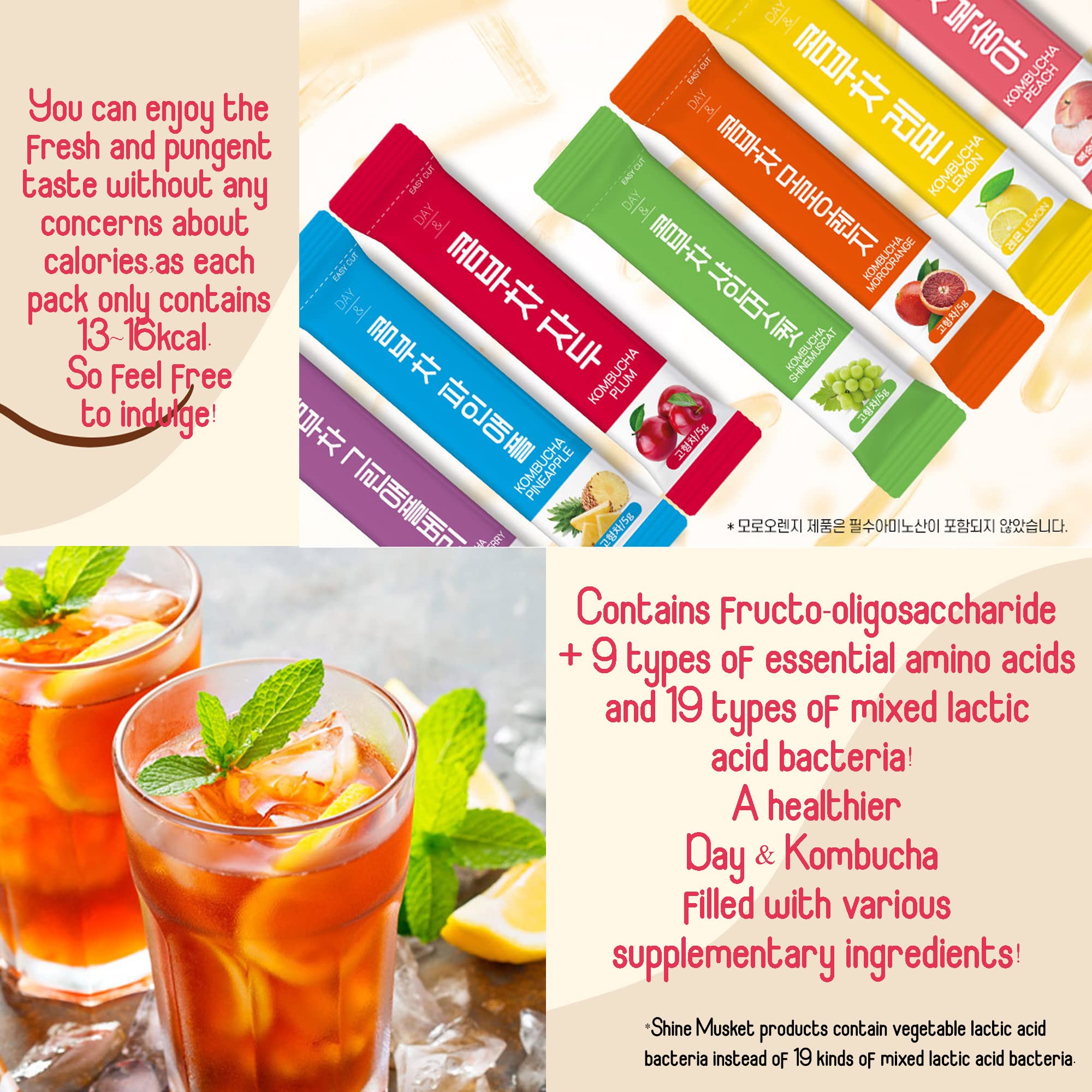 Organic Kombucha Powder Tea Pack - Korean Healthy Fermented Drink with Probiotics & Prebiotics, Zero Sugar, Sparkling Lemon Flavor (10 Sticks) - Perfect for Gut Health, Weight Loss & Detox Drinks