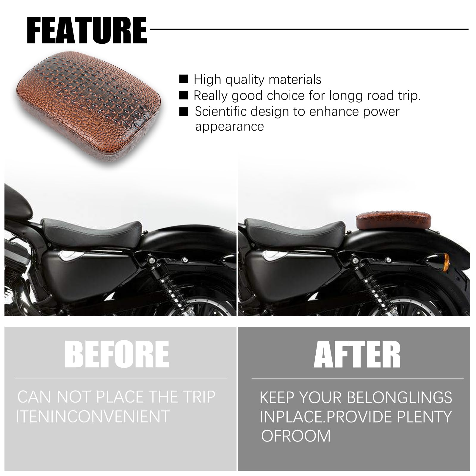 DREAMIZER Universal Motorcycle Passenger Seat Pad - Brown Crocodile Leather Pillion Cushion for Harley, Cruiser, Chopper & Custom Bikes | Comfortable Backrest for Long Rides & Road Trips