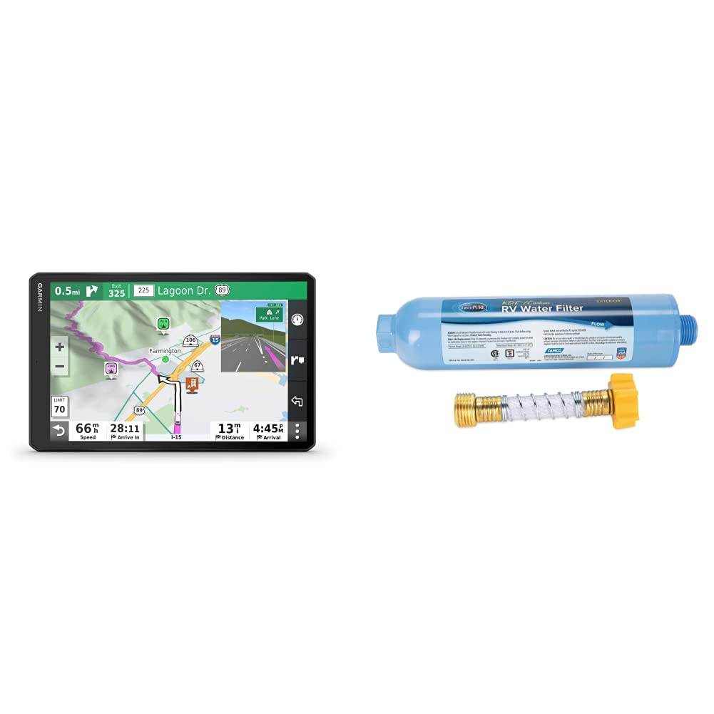 Garmin RV 1090 10-Inch GPS Navigator for RVs & Camco 40043 TastePure Water Filter with Hose Protector | Eliminates Bacteria, Chlorine, Bad Taste | Clean Drinking Water for RV, Marine & Camping Trips