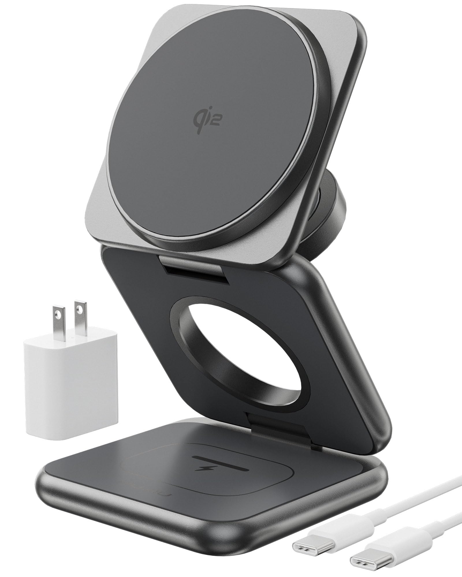 Foldable 3-in-1 Magnetic Wireless Charging Station - Qi2 Certified 15W Fast Charger for iPhone 16/15/14, 5W for Apple Watch & AirPods - Includes 45W PD Adapter - Aluminum Alloy Travel Charger (Gray) | Perfect for Home, Office & Travel Use
