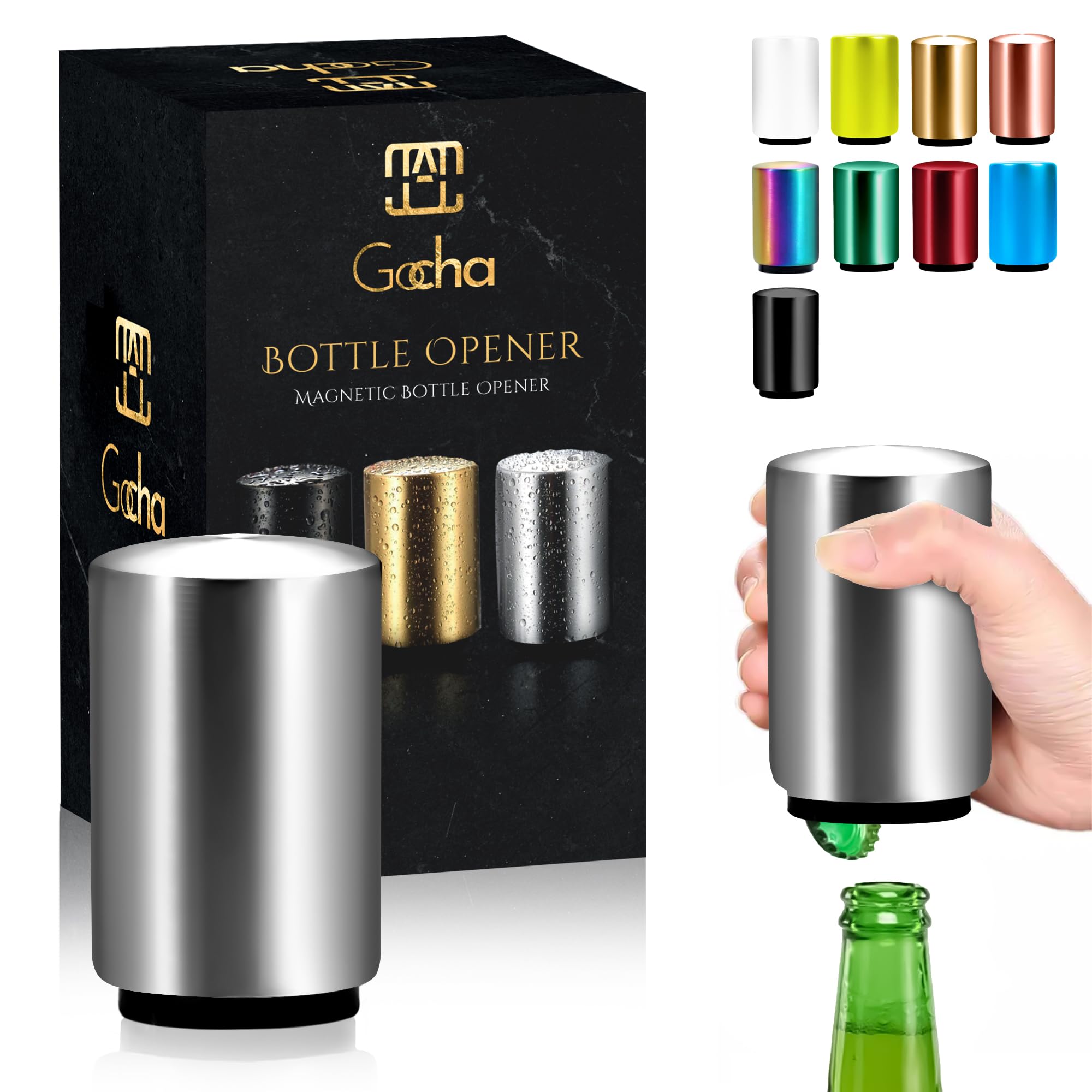Premium Magnetic Bottle Opener - Automatic Push & Pull Beer Cap Opener with Stainless Steel Catcher - Pack of 1 (Silver) - Perfect for Kitchen, Bar, Camping, Parties & Outdoor Adventures