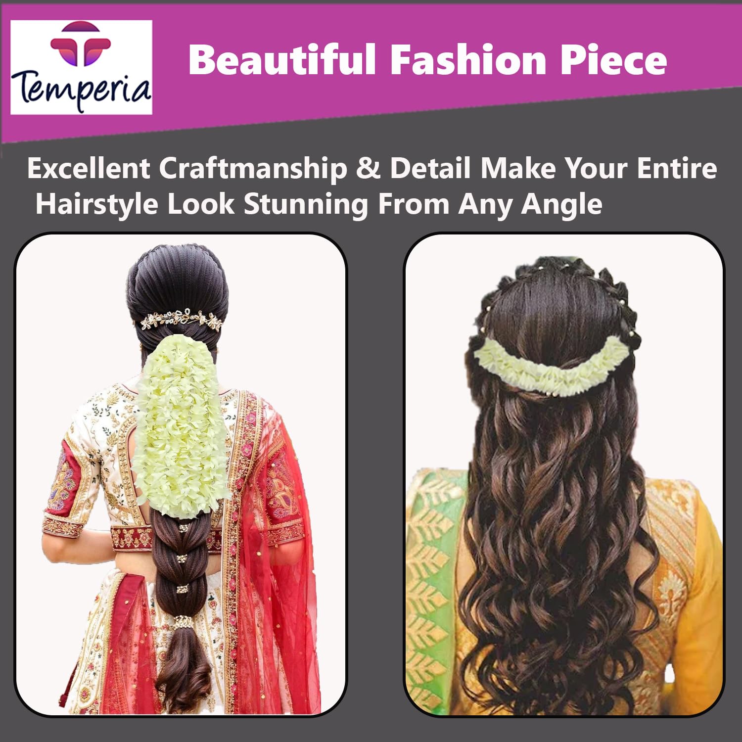 4pcs Premium Artificial Jasmine Gajra Hair Bun Accessories for Women - Scented Fake Mogra Hair Band - Voluminous Floral Hair Jewelry for Weddings, Parties & Special Occasions (DN01)