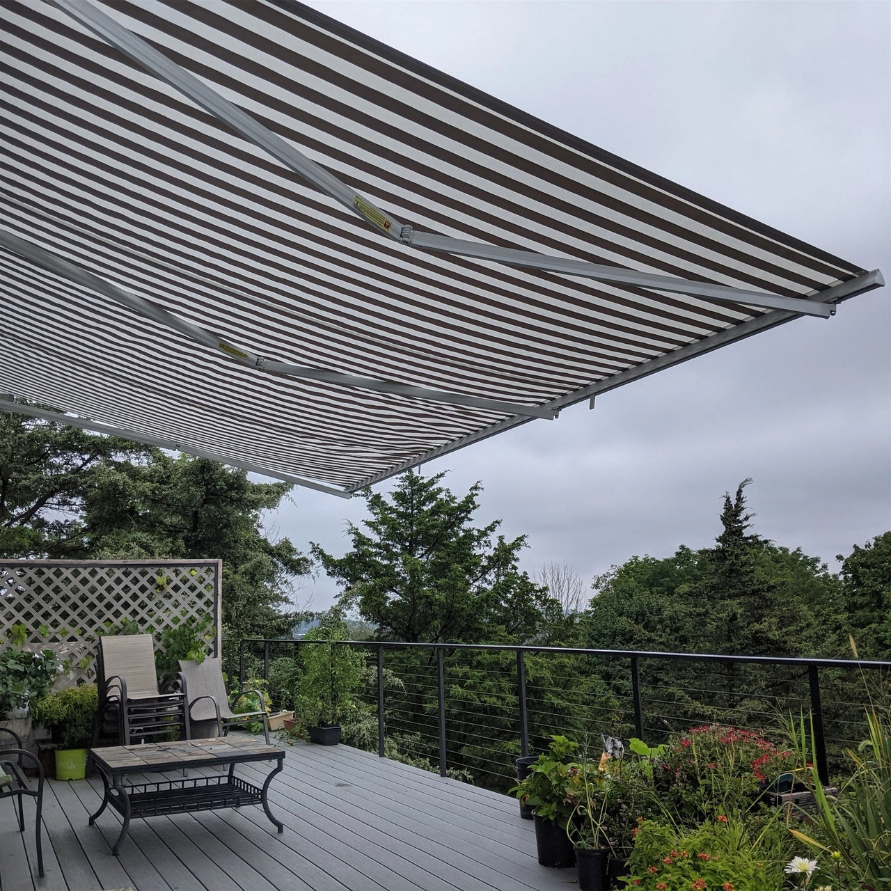 Aleko 20x10 Feet Motorized Retractable Patio Awning - White Frame with Gray & White Stripes for Outdoor Shade & Relaxation