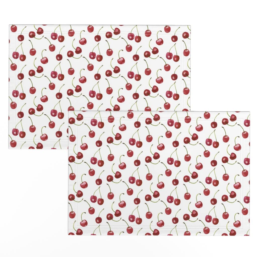 Premium Linen Cotton Canvas Placemats Set of 2 - Red Fruit Cherry Watercolor Print Table Mats for Dining, Kitchen Decor & Party Settings