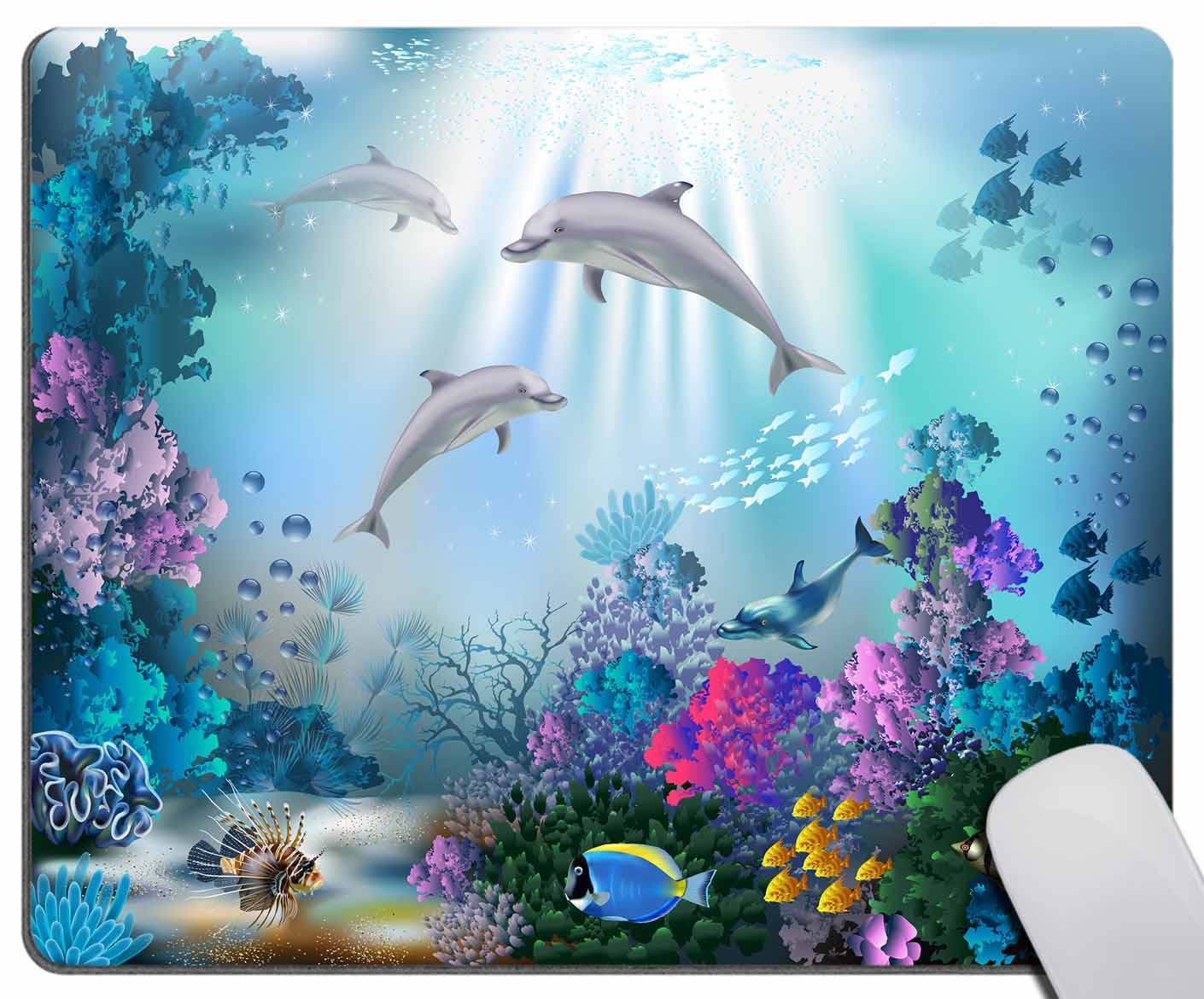 Premium Non-Slip Rubber Base Mouse Pad - Dolphin & Tropical Fish Ocean Theme 7.9