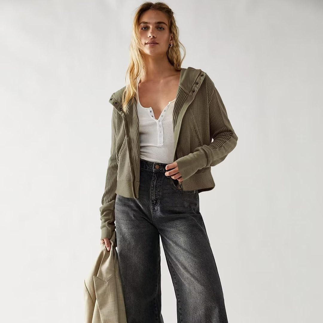 Y2K Womens Waffle Knit Hooded Sweater - Thermal Ribbed Sweatshirt with Button Details & Pockets | Cozy Casual Outerwear for Fall & Winter | Perfect for Streetwear, Layering & Coffee Dates