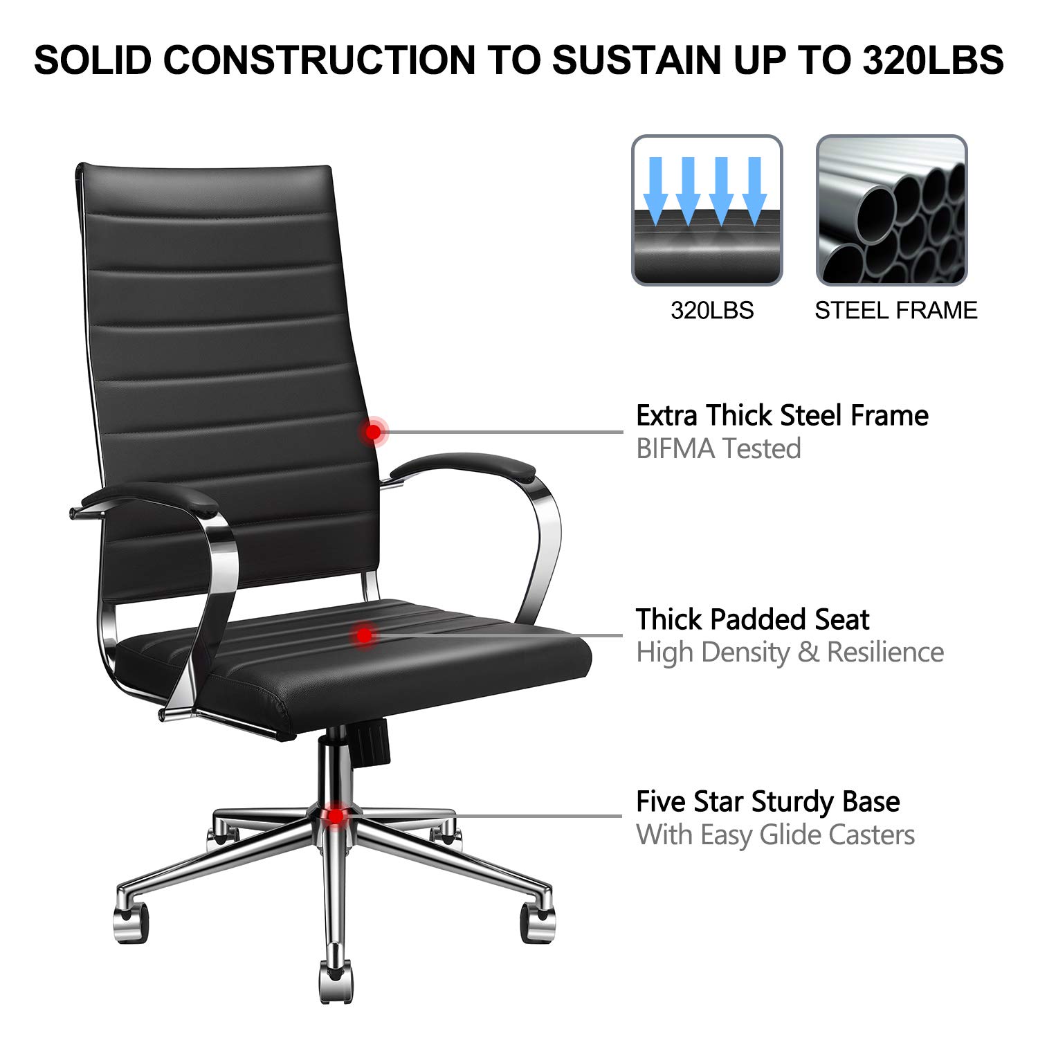 Ergonomic Office Chair with Adjustable Height & Swivel - High Back Vegan Leather Desk Chair with Lumbar Support & Armrests - Perfect for Home Office, Gaming & Workspace (Black)